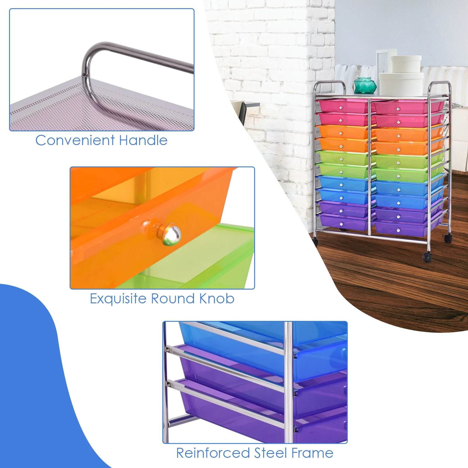 20 Drawers Storage Rolling Cart, Transparent, Multicolor - Image 10
