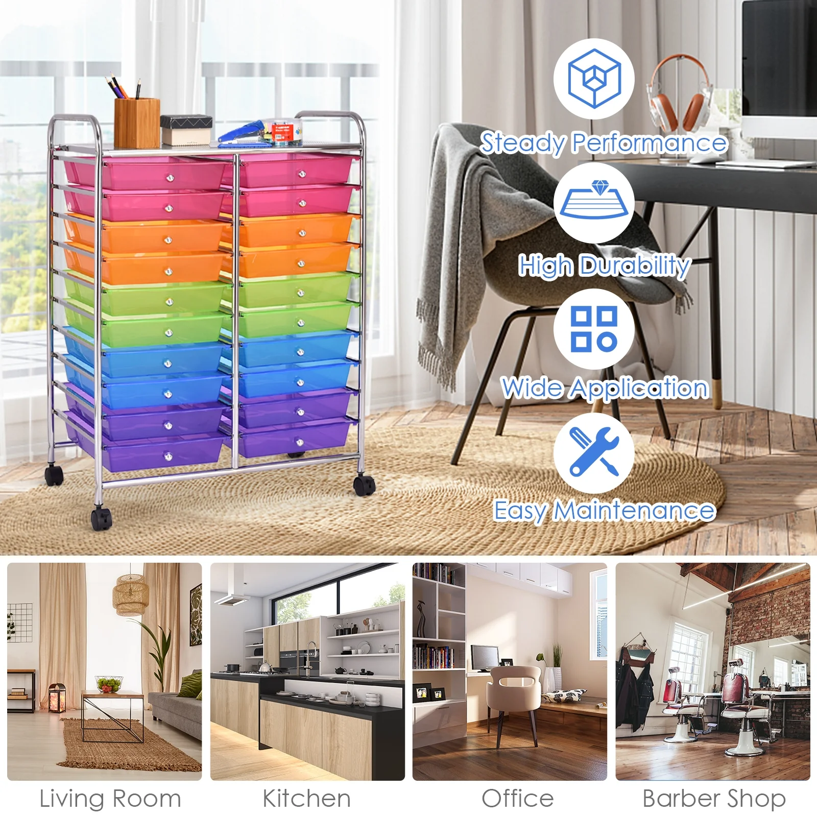 20 Drawers Storage Rolling Cart, Transparent, Multicolor - Image 3