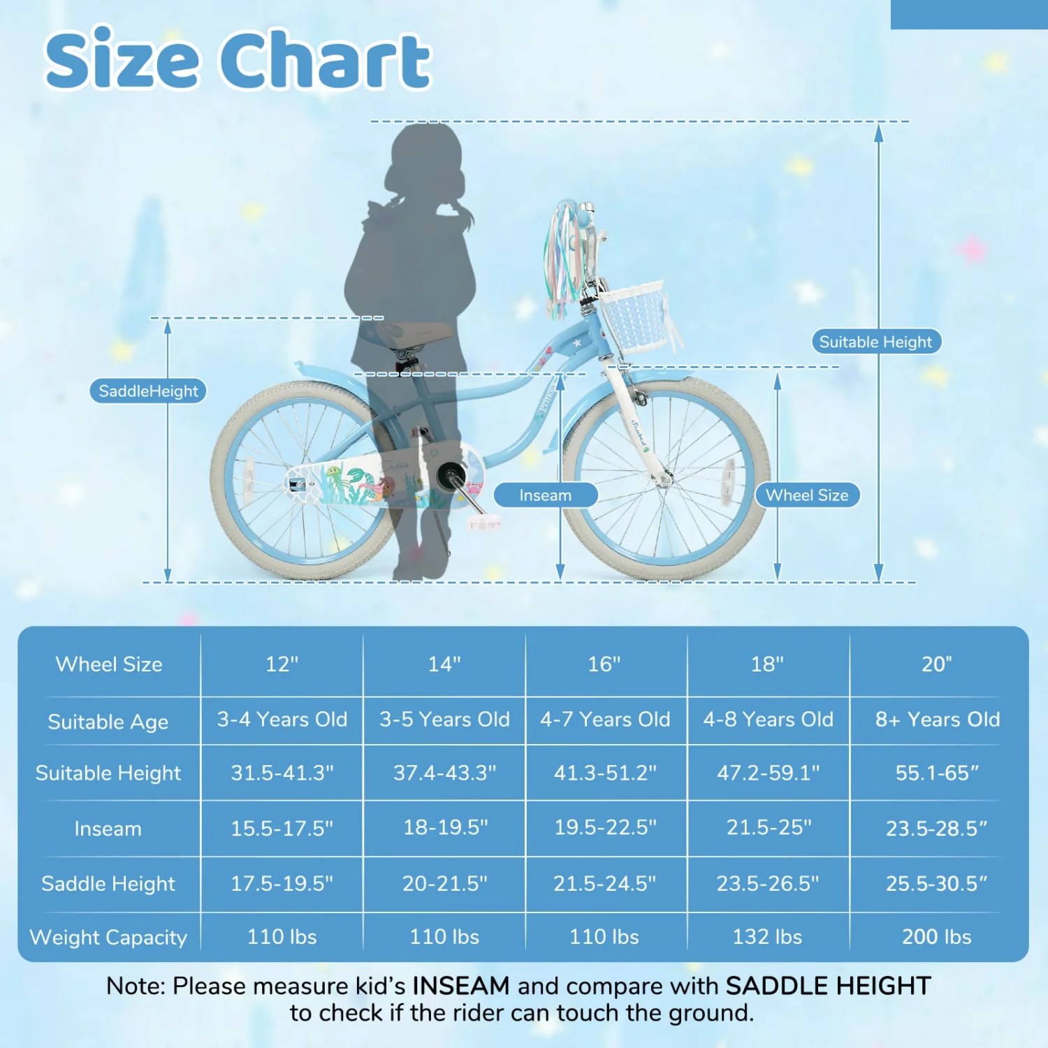 20 Inch Kids Bike, Adjustable, Princess Of The Sea Theme, Blue - Image 5