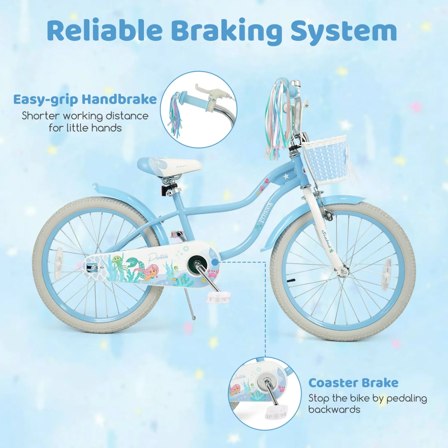 20 Inch Kids Bike, Adjustable, Princess Of The Sea Theme, Blue - Image 8