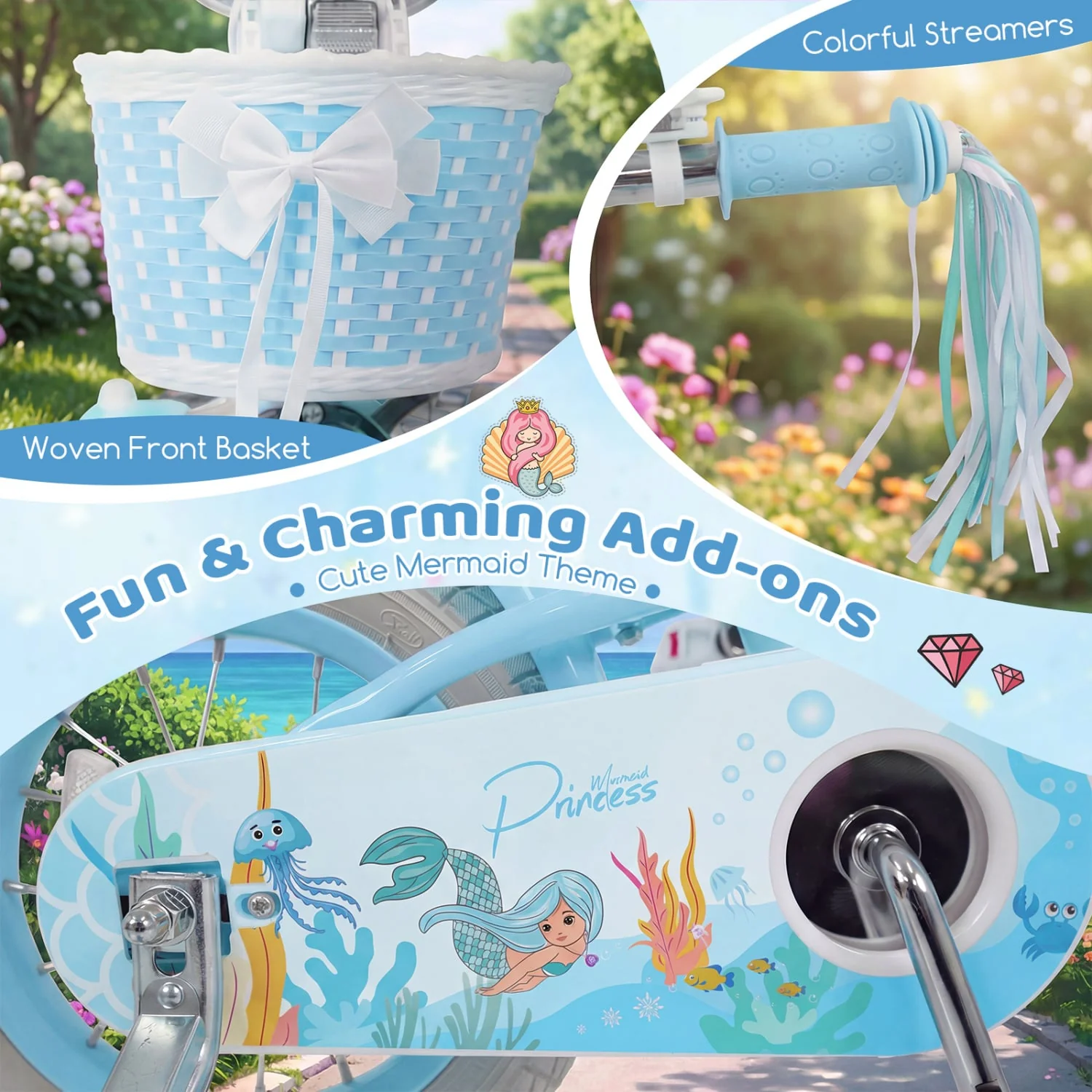 20 Inch Kids Bike, Adjustable, Princess Of The Sea Theme, Blue - Image 9