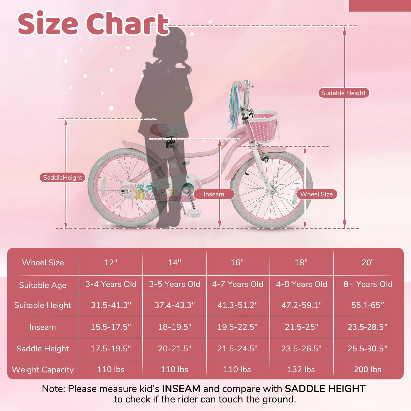 20 Inch Kids Bike, Adjustable, Princess Of The Sea Theme, Pink - Image 5