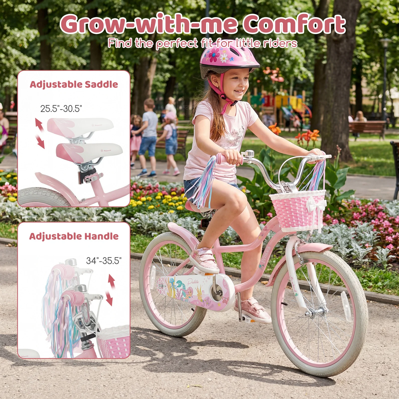 20 Inch Kids Bike, Adjustable, Princess Of The Sea Theme, Pink - Image 6