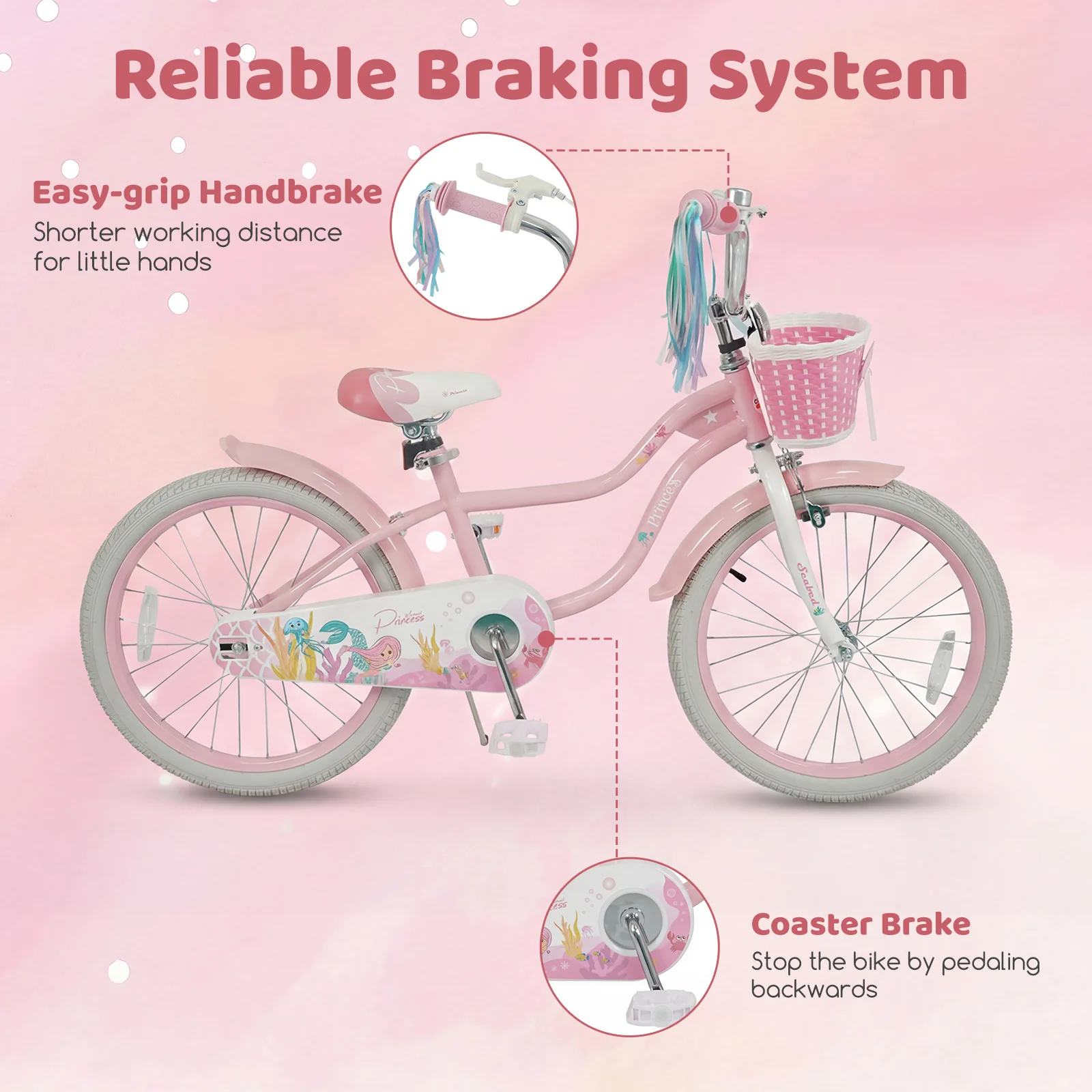 20 Inch Kids Bike, Adjustable, Princess Of The Sea Theme, Pink - Image 7