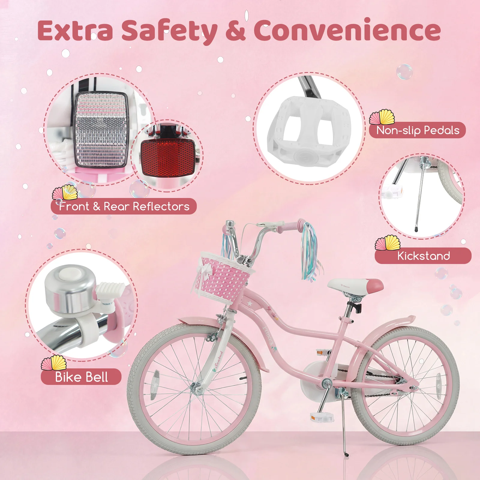 20 Inch Kids Bike, Adjustable, Princess Of The Sea Theme, Pink - Image 8