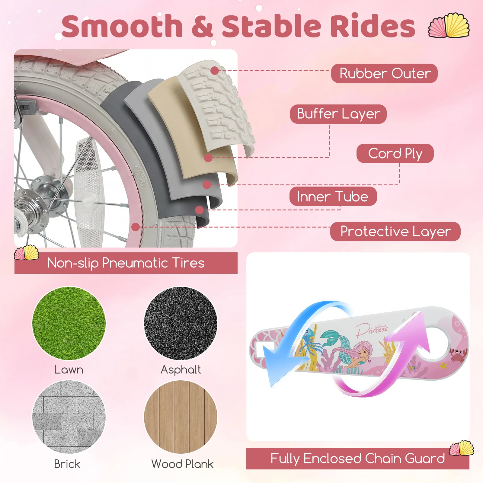 20 Inch Kids Bike, Adjustable, Princess Of The Sea Theme, Pink - Image 9