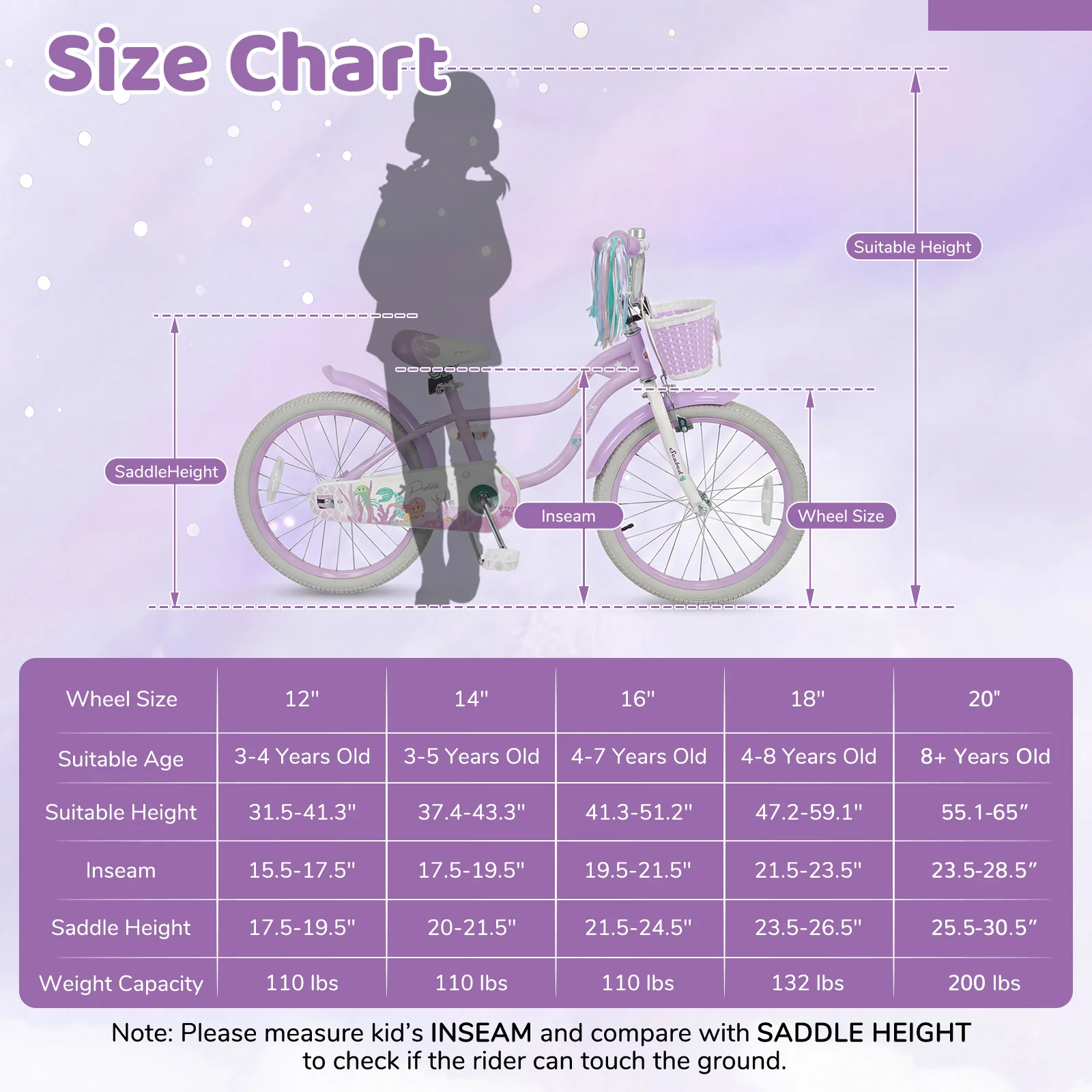 20 Inch Kids Bike, Adjustable, Princess Of The Sea Theme, Purple - Image 5