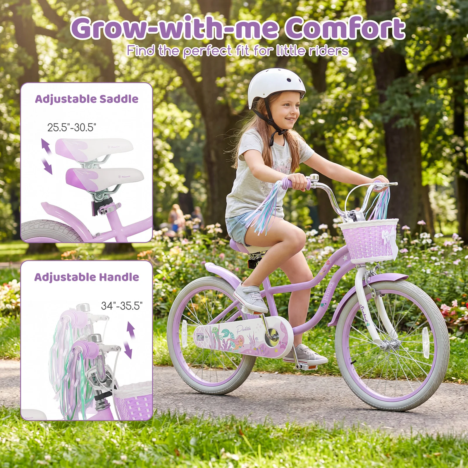 20 Inch Kids Bike, Adjustable, Princess Of The Sea Theme, Purple - Image 6