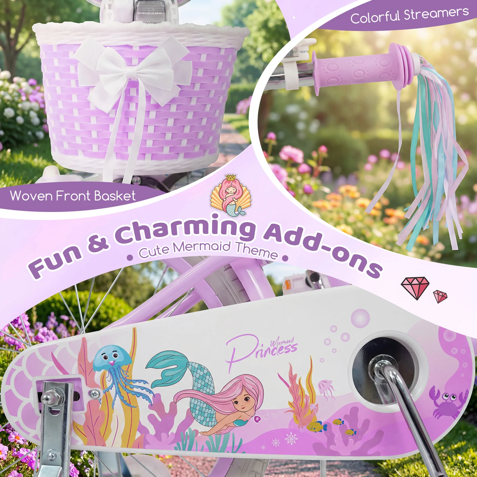 20 Inch Kids Bike, Adjustable, Princess Of The Sea Theme, Purple - Image 7
