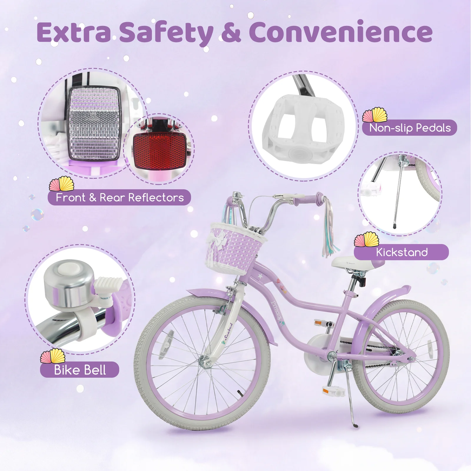 20 Inch Kids Bike, Adjustable, Princess Of The Sea Theme, Purple - Image 8