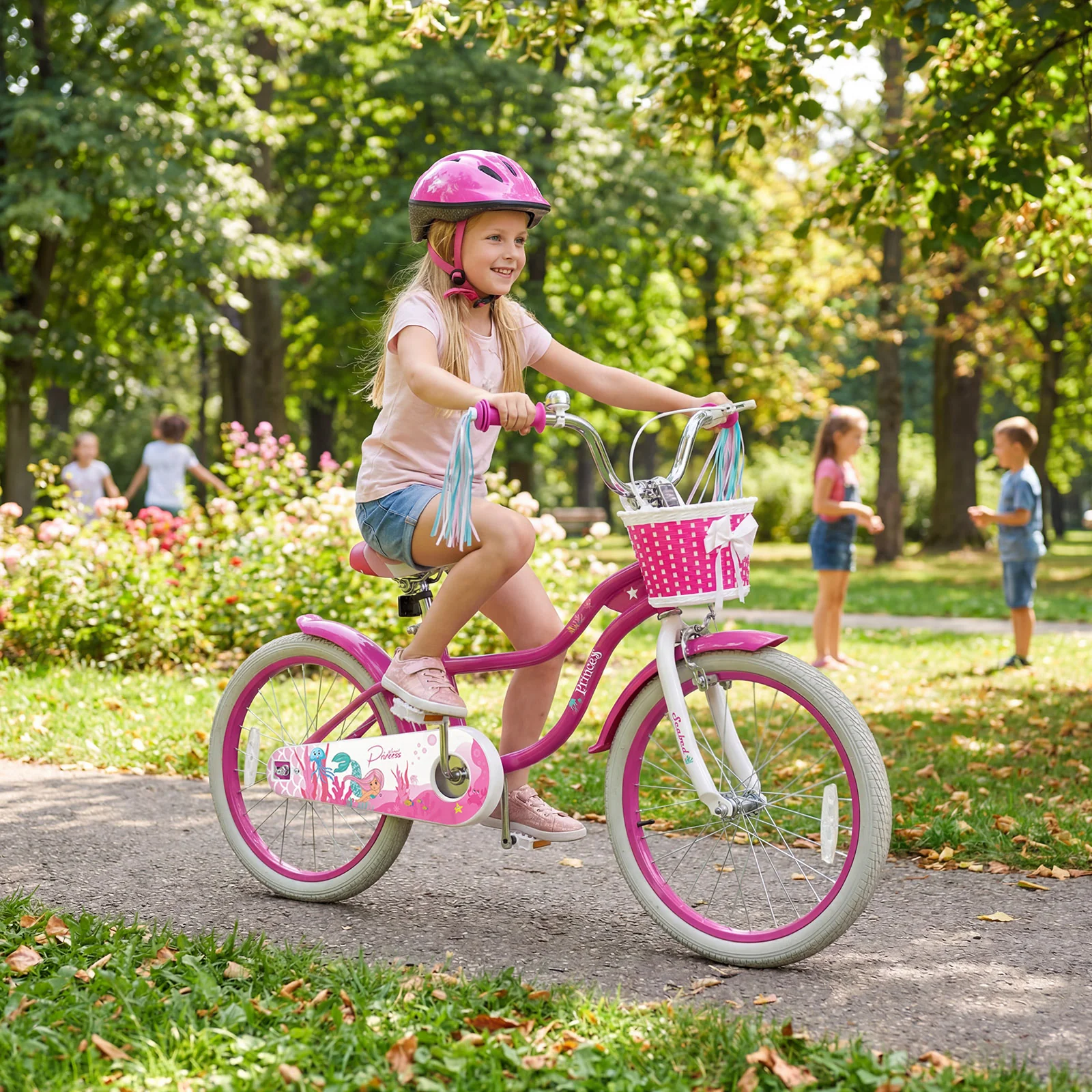 20 Inch Kids Bike, Adjustable, With Basket And Streamers, Rose Red - Image 3