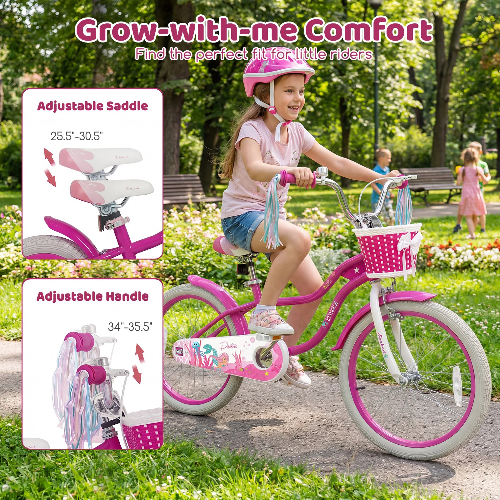 20 Inch Kids Bike, Adjustable, With Basket And Streamers, Rose Red - Image 6
