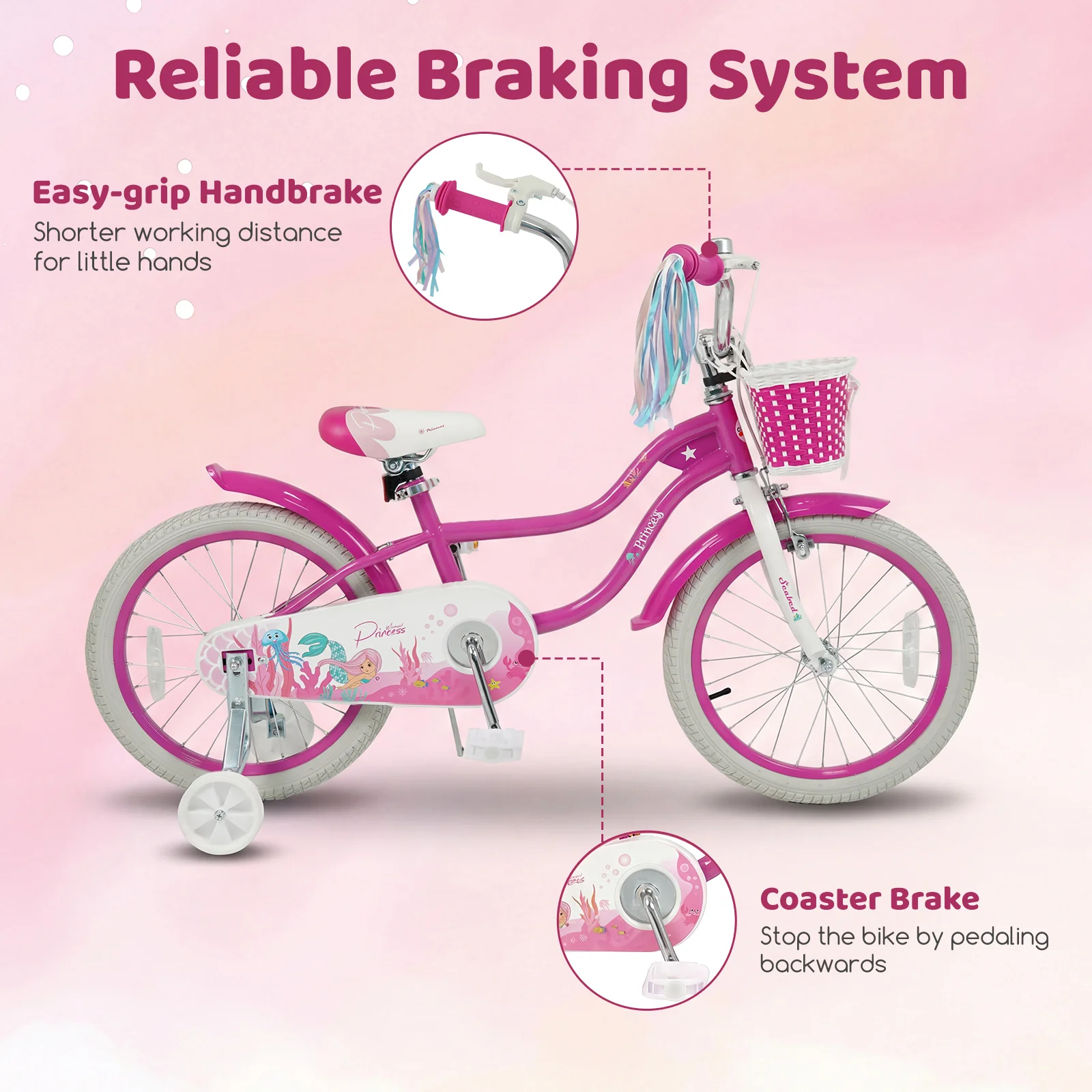 20 Inch Kids Bike, Adjustable, With Basket And Streamers, Rose Red - Image 7