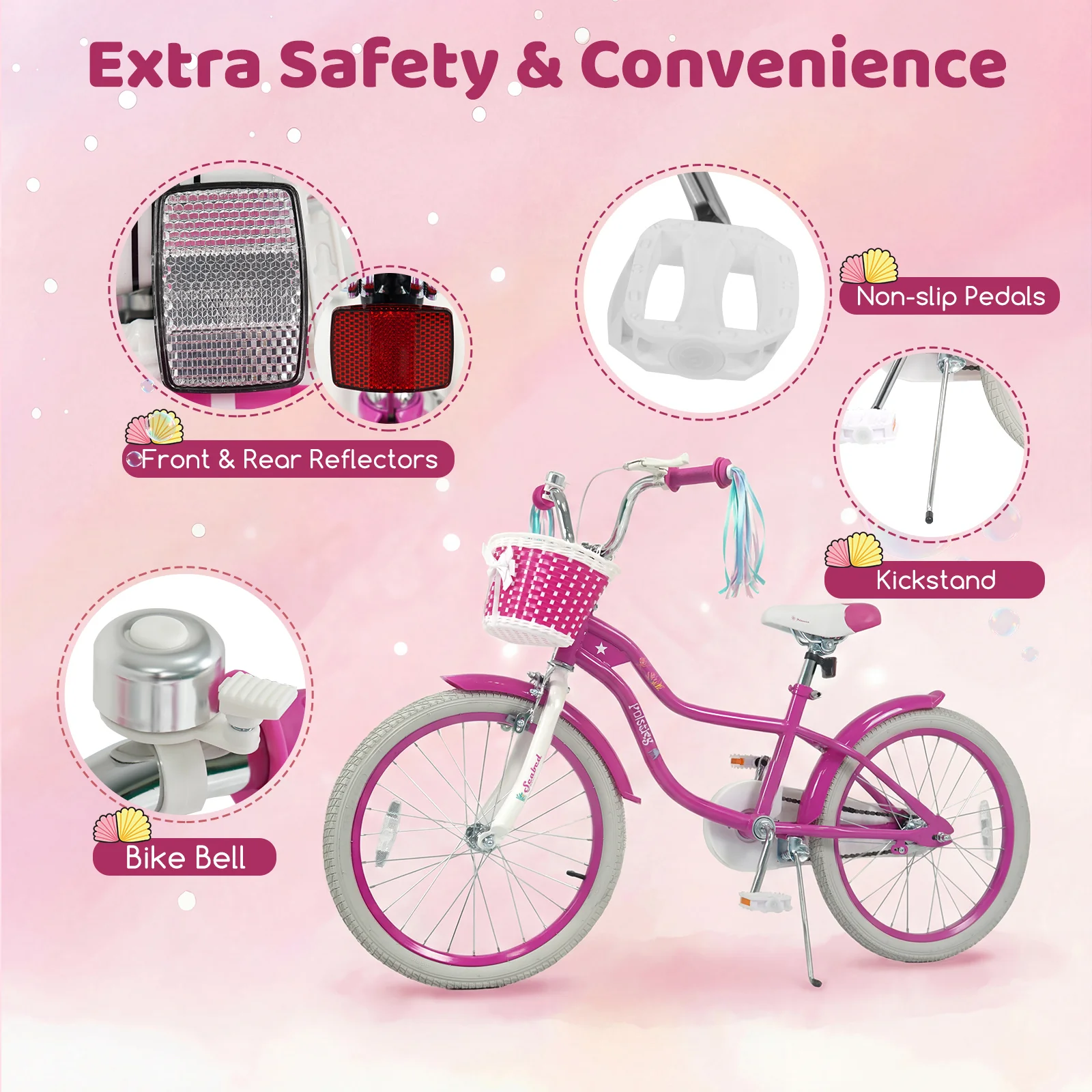 20 Inch Kids Bike, Adjustable, With Basket And Streamers, Rose Red - Image 9