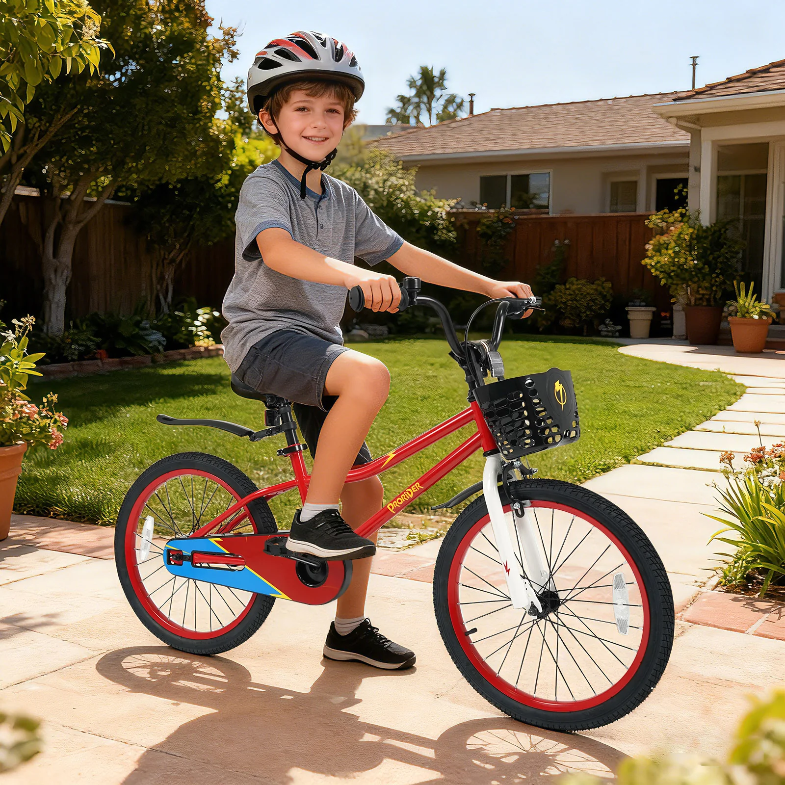 20 Inch Kids Bike Adjustable with Kickstand and Storage Basket for Aged 8+ Years, Red - Image 2