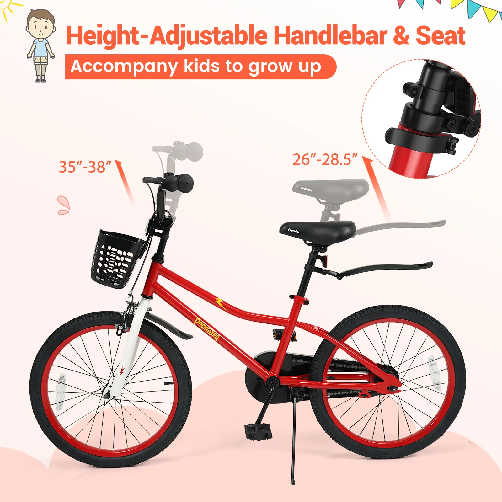 20 Inch Kids Bike Adjustable with Kickstand and Storage Basket for Aged 8+ Years, Red - Image 7