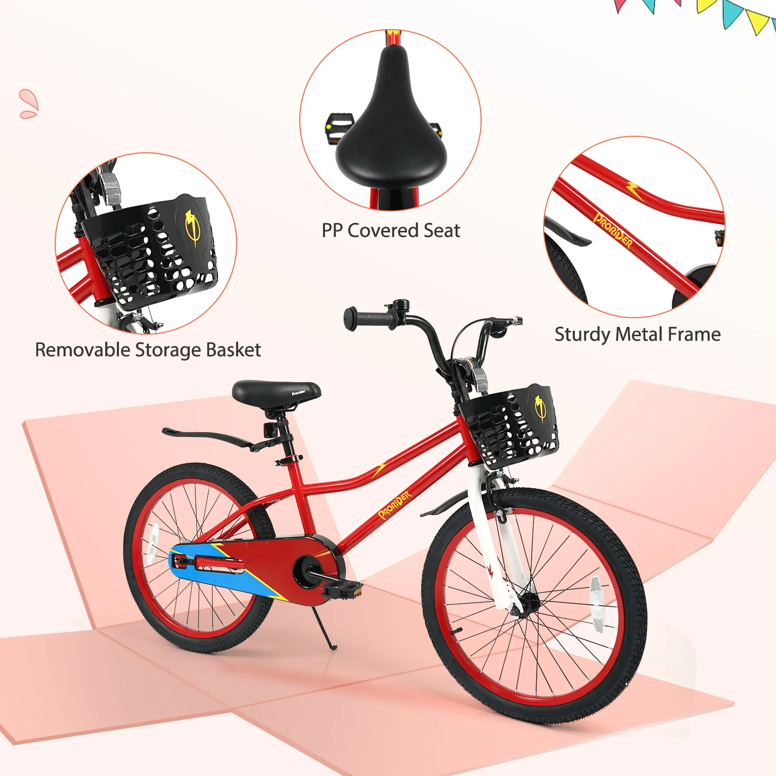 20 Inch Kids Bike Adjustable with Kickstand and Storage Basket for Aged 8+ Years, Red - Image 8