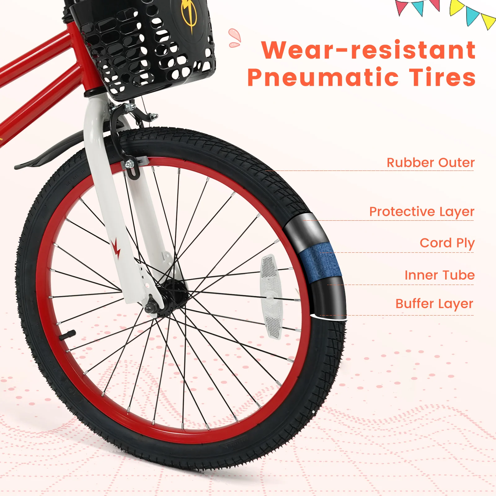 20 Inch Kids Bike Adjustable with Kickstand and Storage Basket for Aged 8+ Years, Red - Image 9