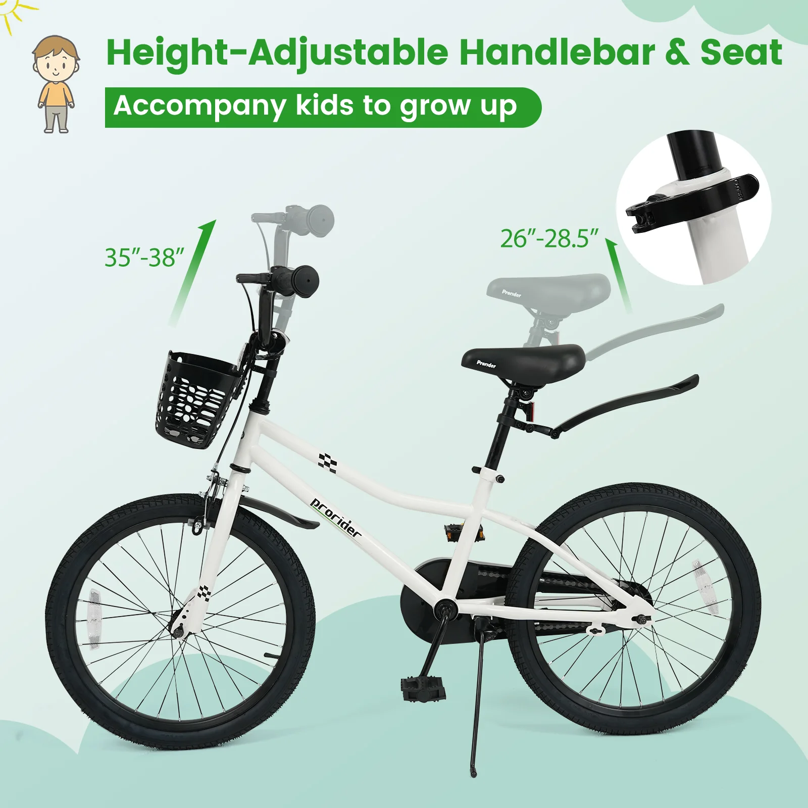 20 Inch Kids Bike Adjustable with Kickstand and Storage Basket for Aged 8+ Years, White - Image 7