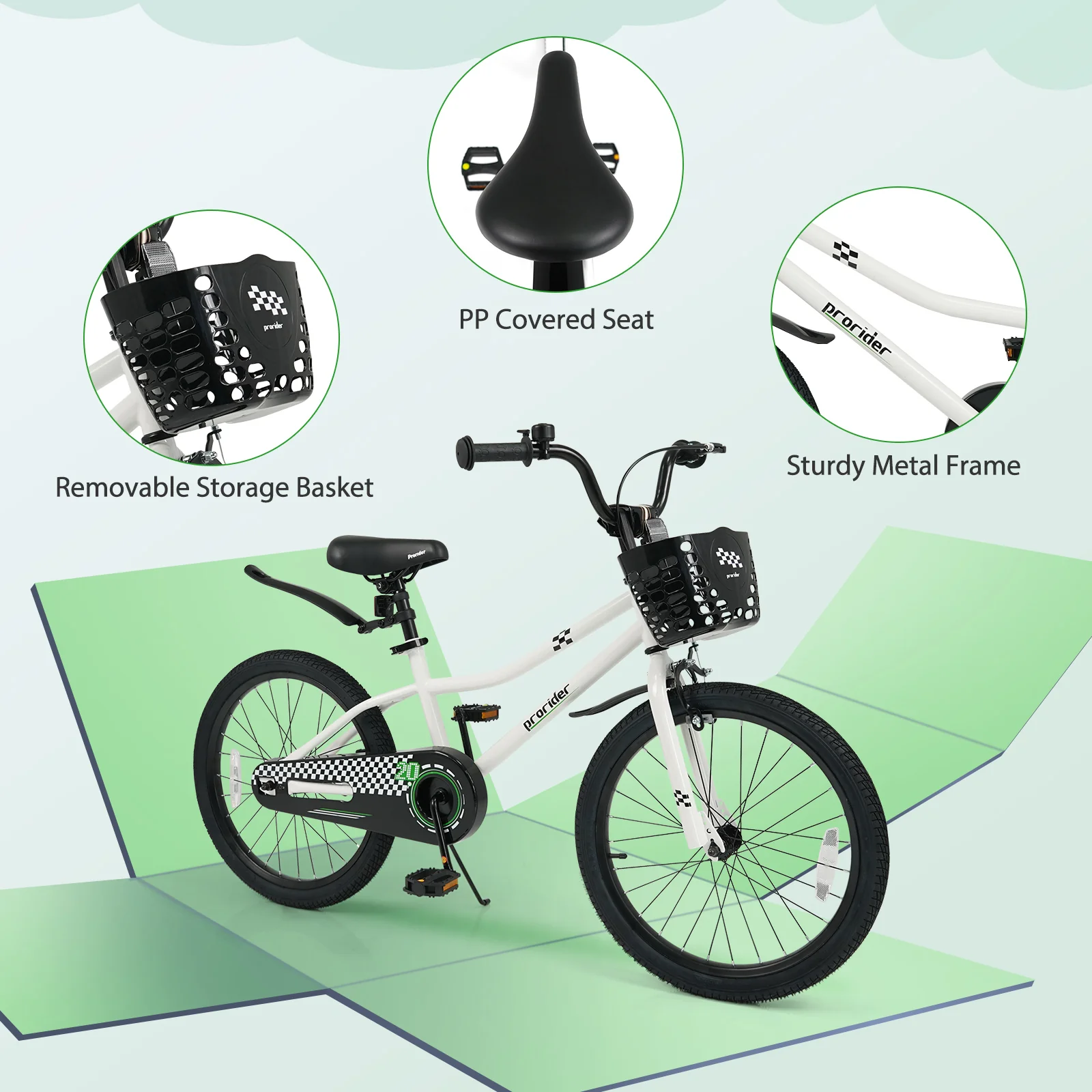 20 Inch Kids Bike Adjustable with Kickstand and Storage Basket for Aged 8+ Years, White - Image 8
