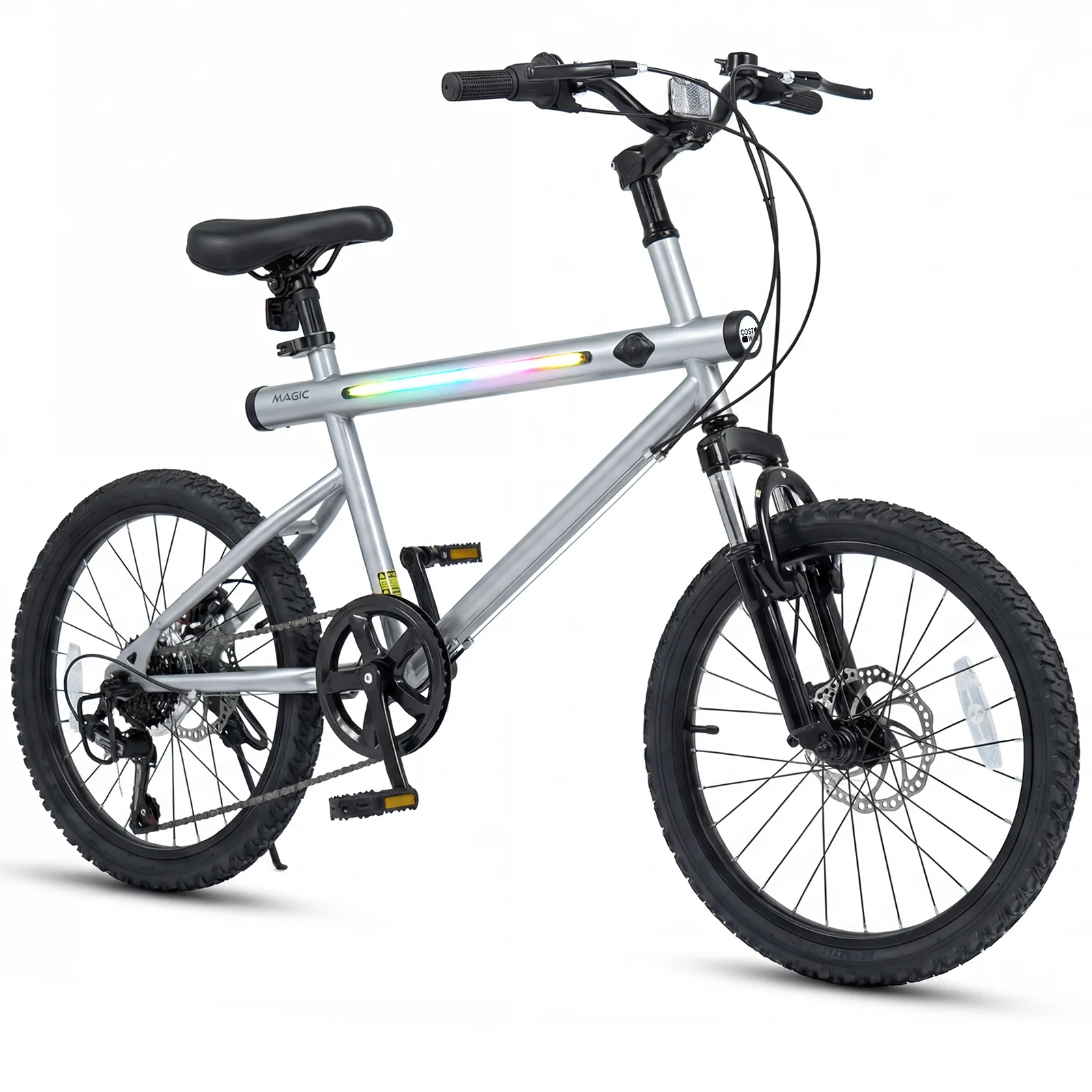 20 Inch Mountain Bike, LED Lights, 6-Speed Shimano, Silver