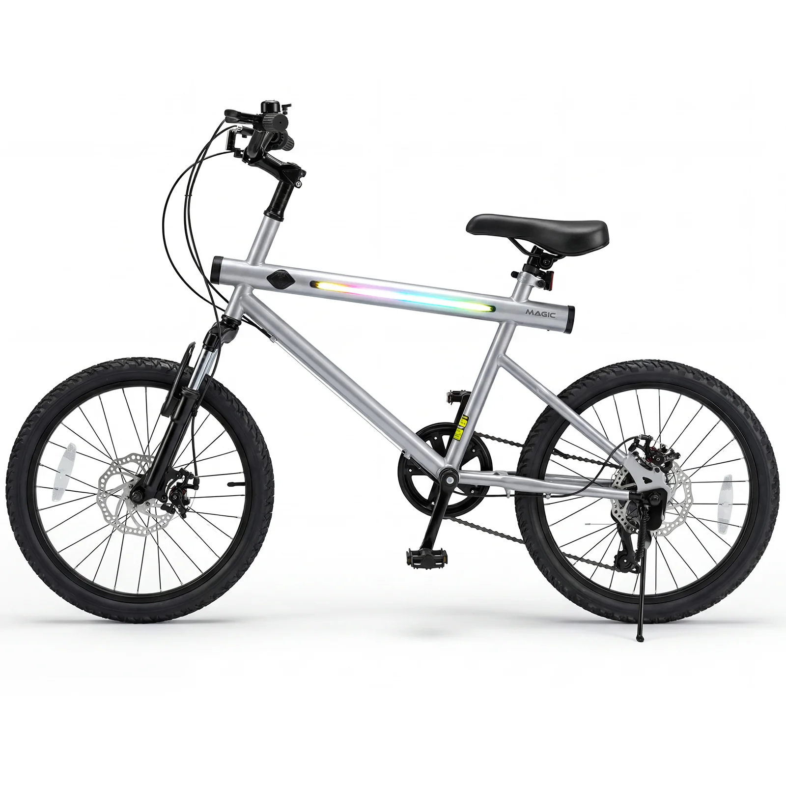 20 Inch Mountain Bike, LED Lights, 6-Speed Shimano, Silver - Image 3
