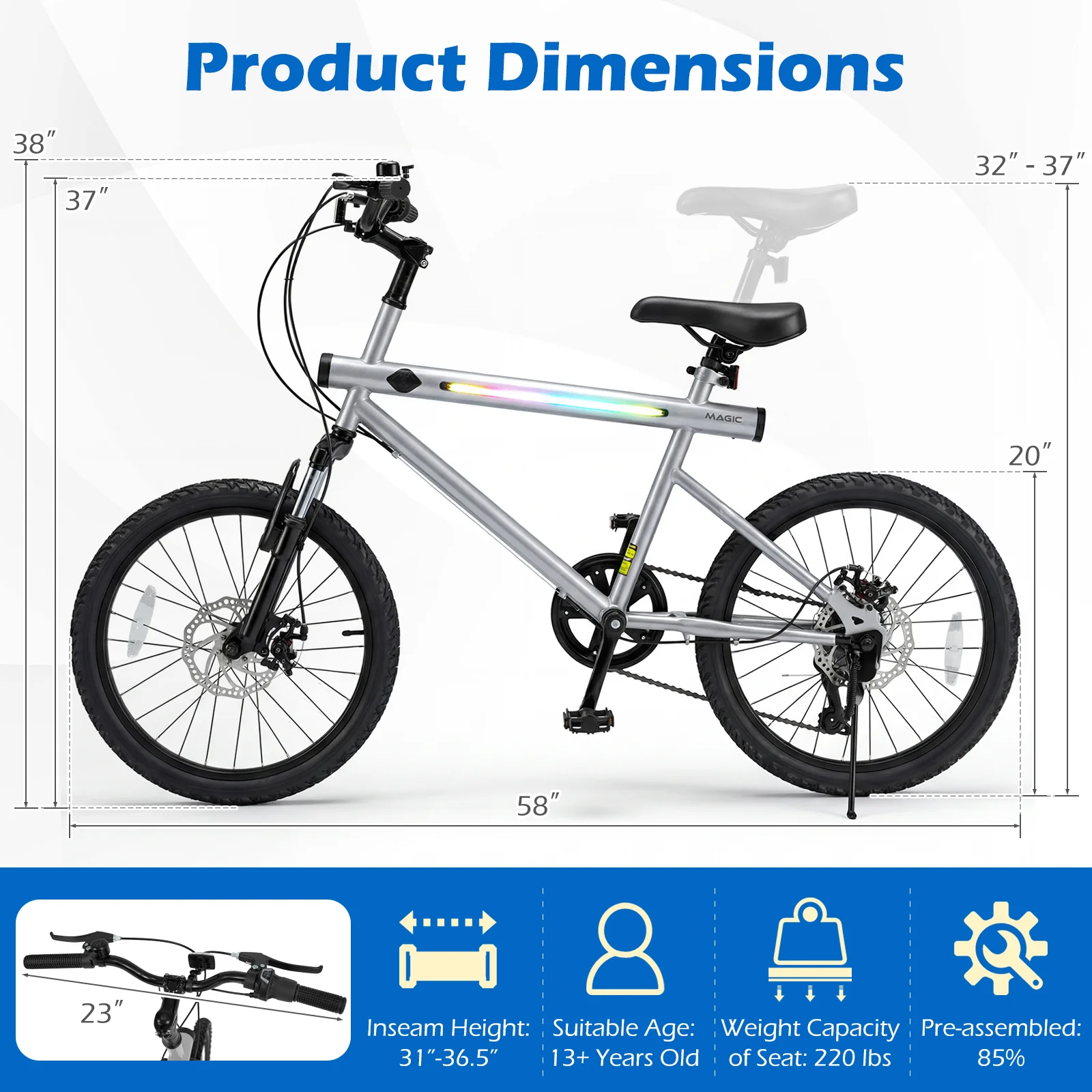 20 Inch Mountain Bike, LED Lights, 6-Speed Shimano, Silver - Image 4