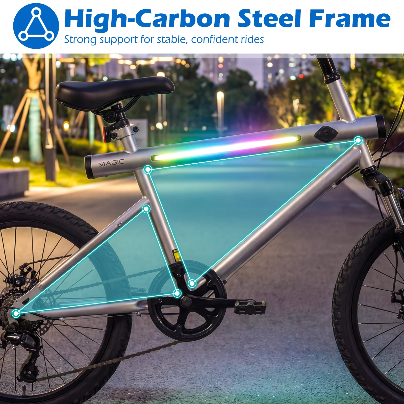 20 Inch Mountain Bike, LED Lights, 6-Speed Shimano, Silver - Image 5