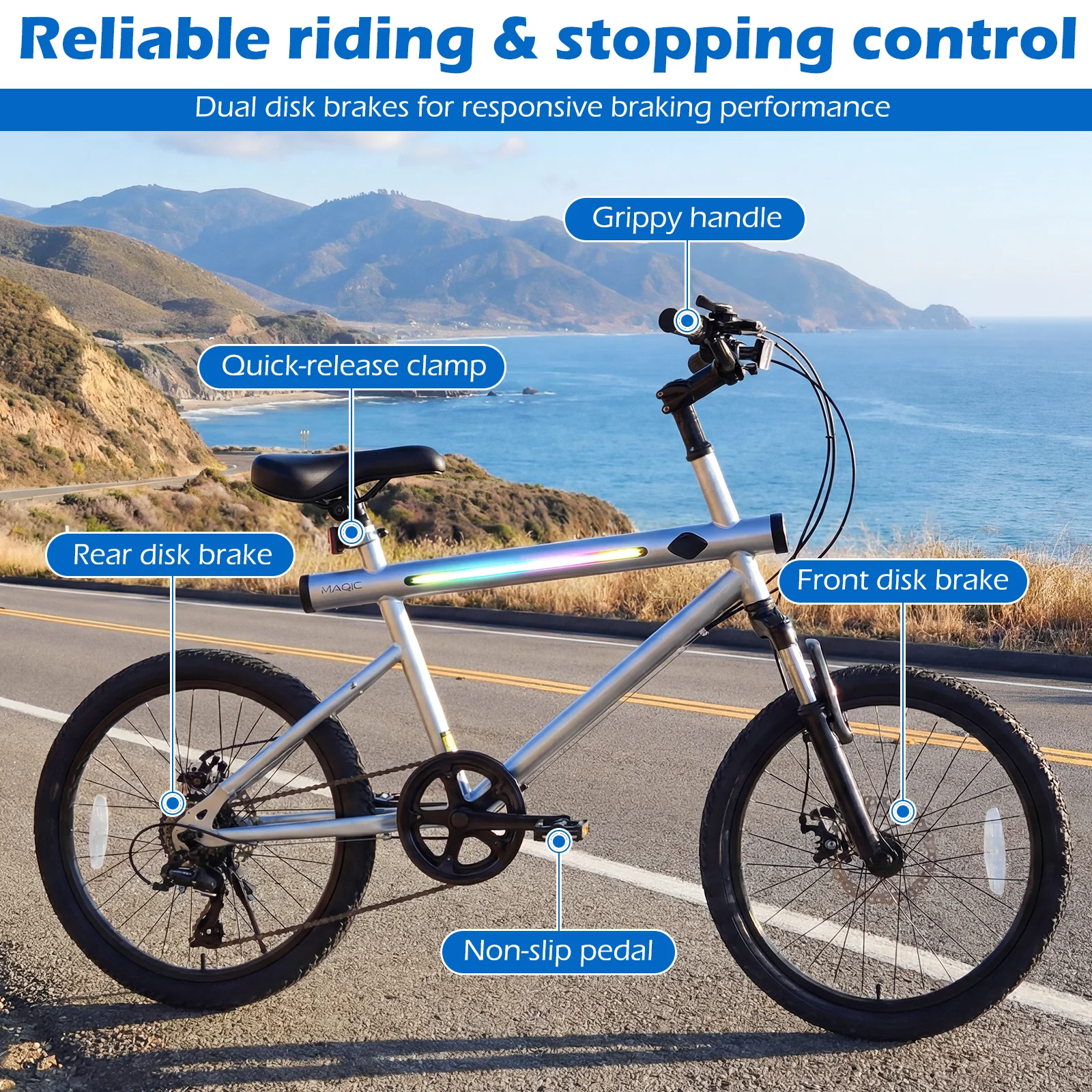 20 Inch Mountain Bike, LED Lights, 6-Speed Shimano, Silver - Image 6