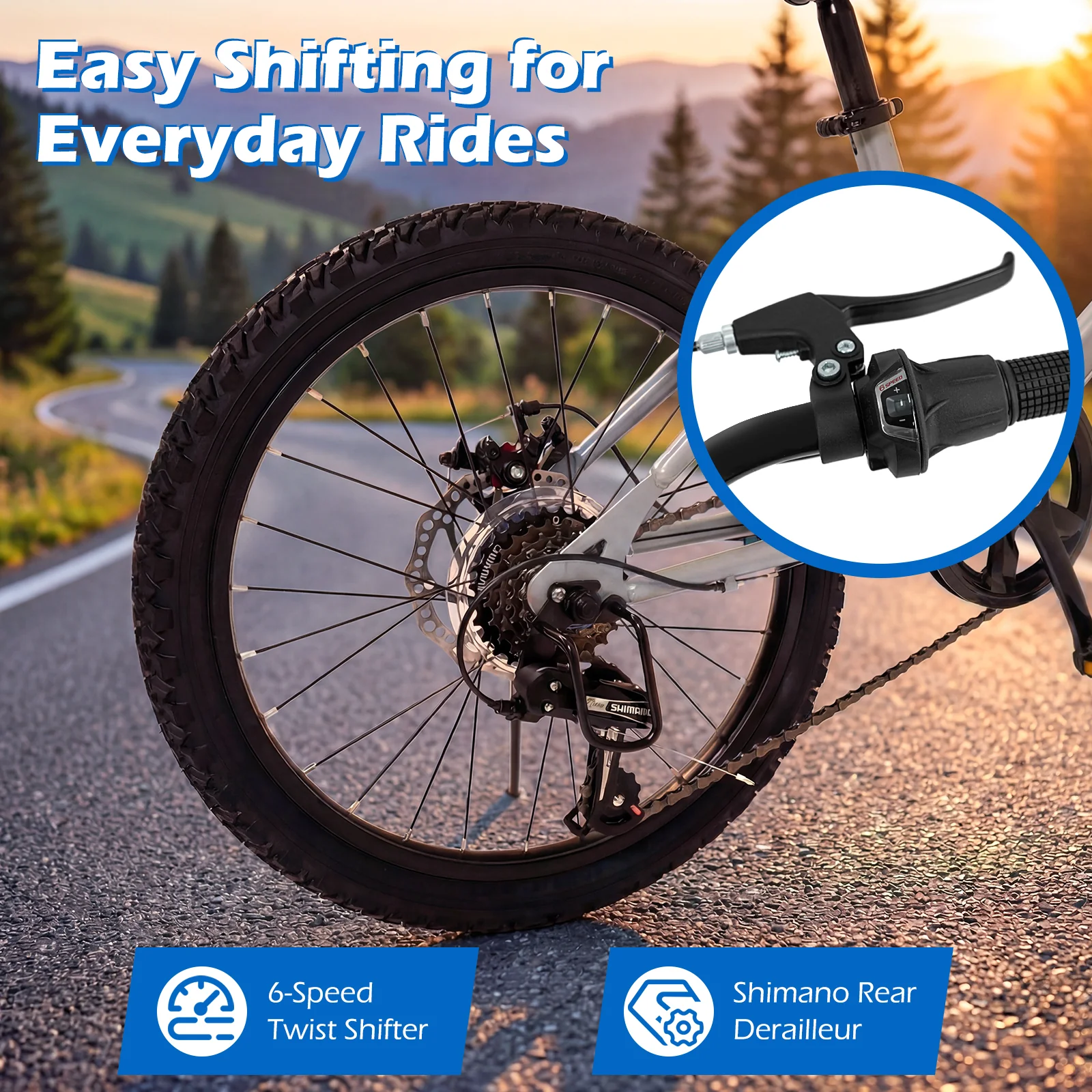 20 Inch Mountain Bike, LED Lights, 6-Speed Shimano, Silver - Image 7