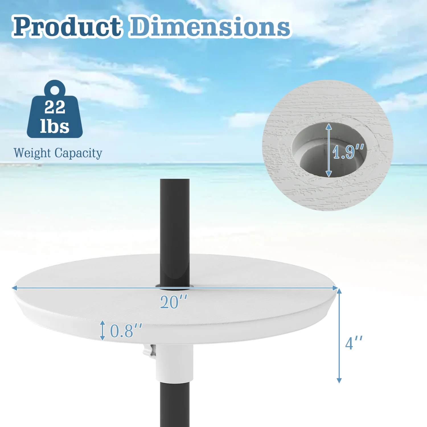 20 Inch Outdoor Adjustable Umbrella Table, White - Image 5