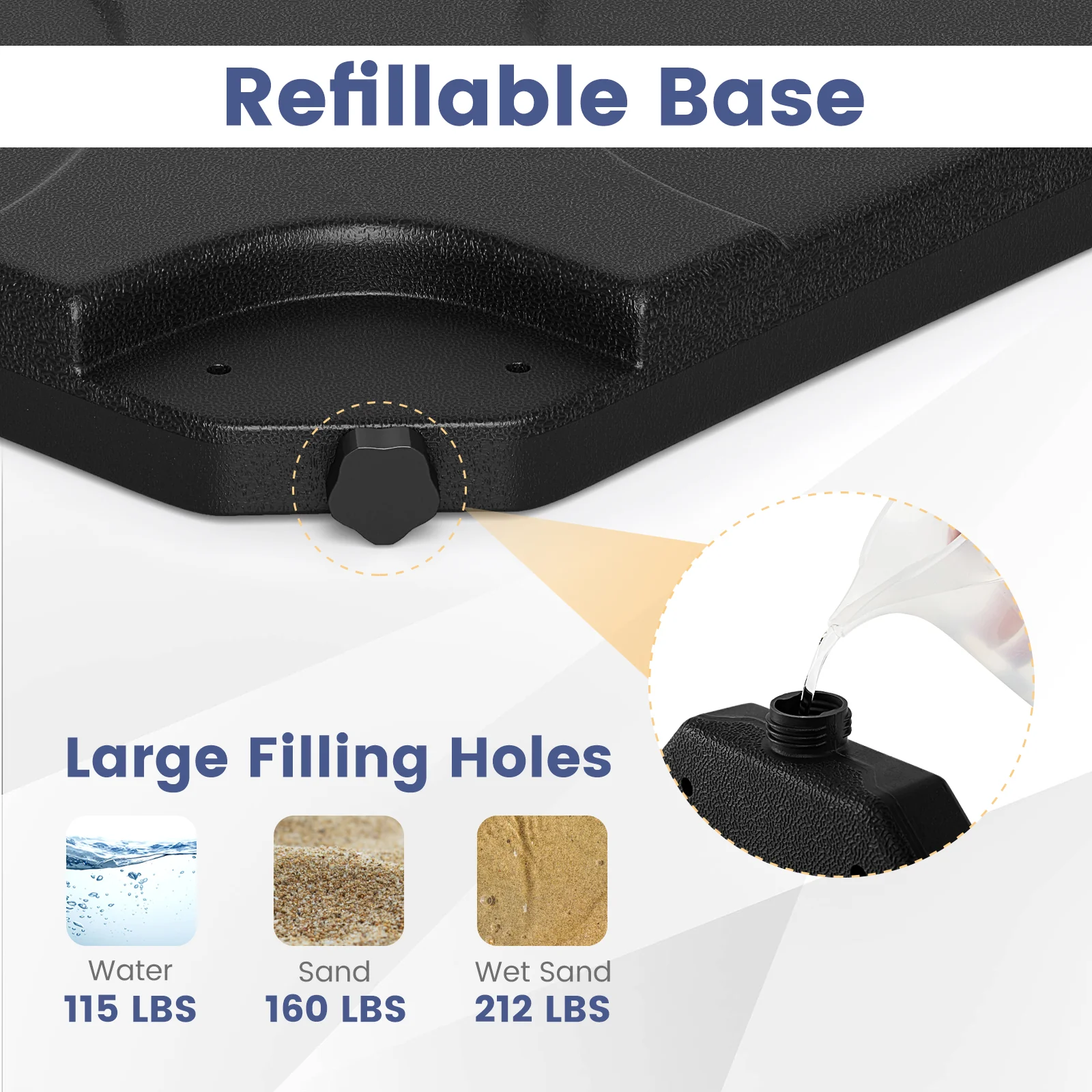 20 Inch Patio Umbrella Base, Water Filled, Black - Image 10