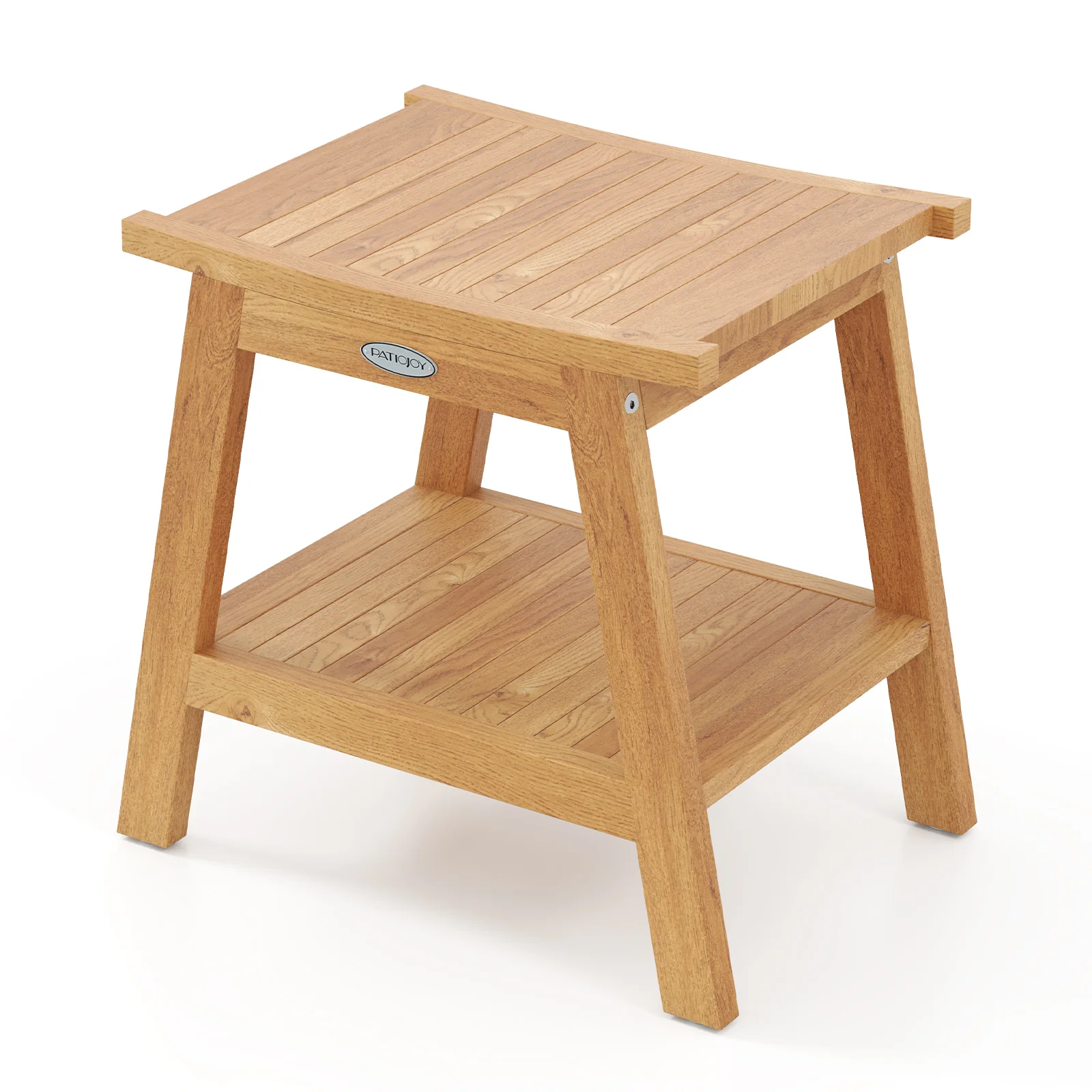 20 Inches Teak Wood Shower Bench, Storage Shelf, Adjustable Foot Pads, Natural