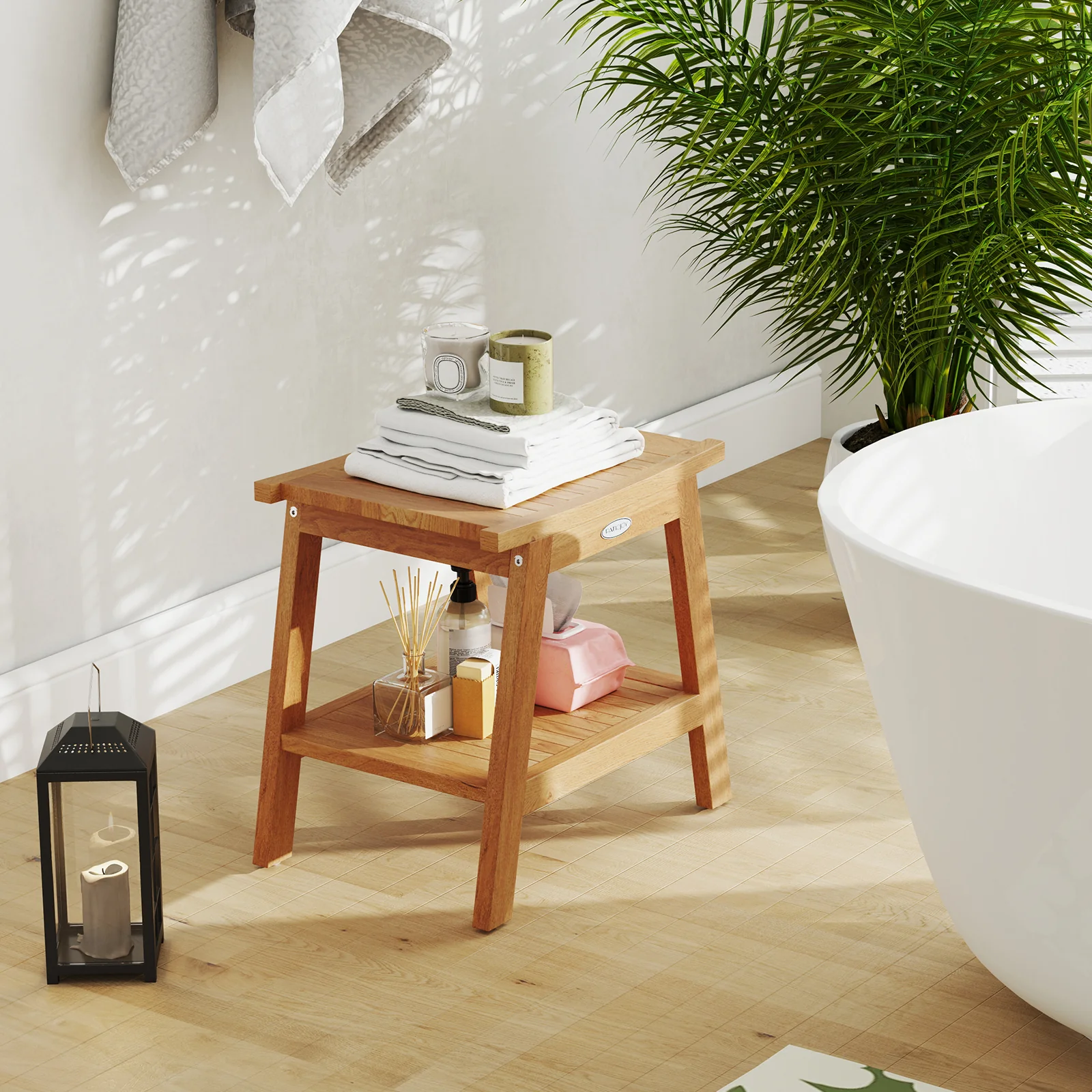 20 Inches Teak Wood Shower Bench, Storage Shelf, Adjustable Foot Pads, Natural - Image 2