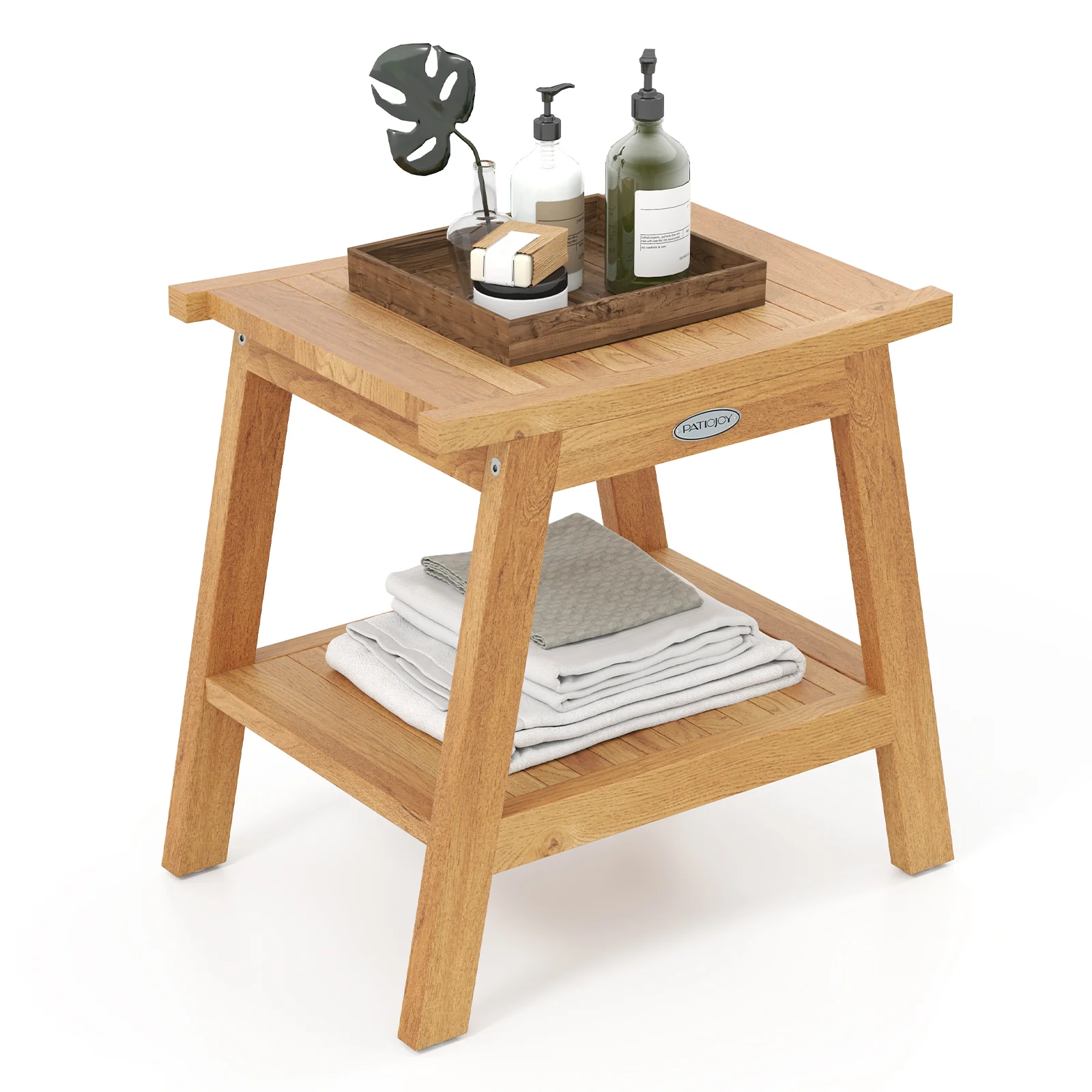 20 Inches Teak Wood Shower Bench, Storage Shelf, Adjustable Foot Pads, Natural - Image 5