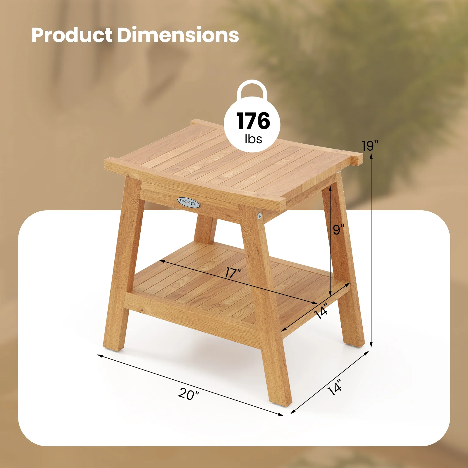 20 Inches Teak Wood Shower Bench, Storage Shelf, Adjustable Foot Pads, Natural - Image 6
