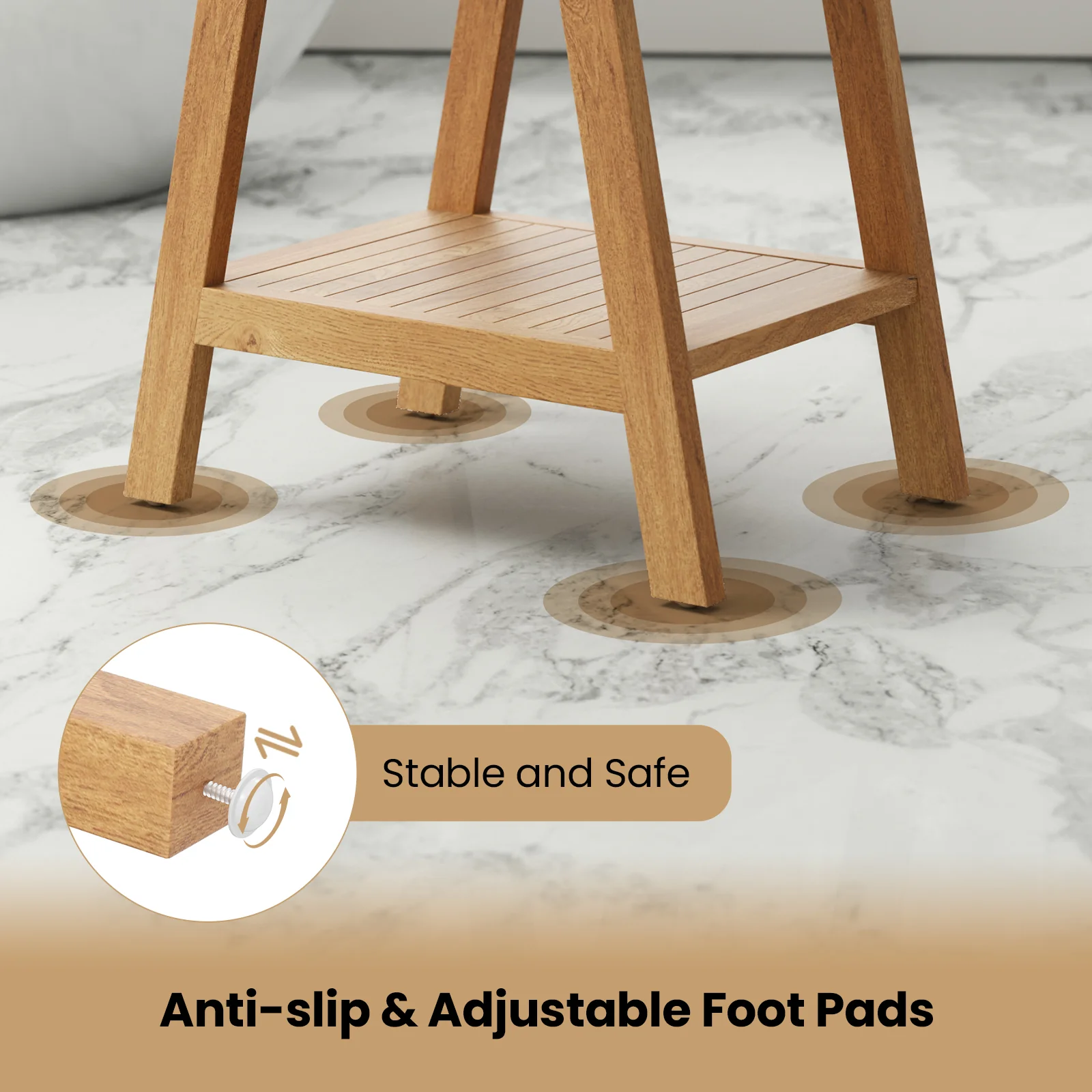 20 Inches Teak Wood Shower Bench, Storage Shelf, Adjustable Foot Pads, Natural - Image 9