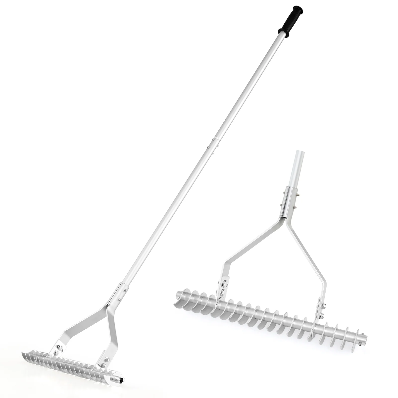 20 Inches Wide Aluminum Lawn Rake, 19 Curved Tines, Long Handle