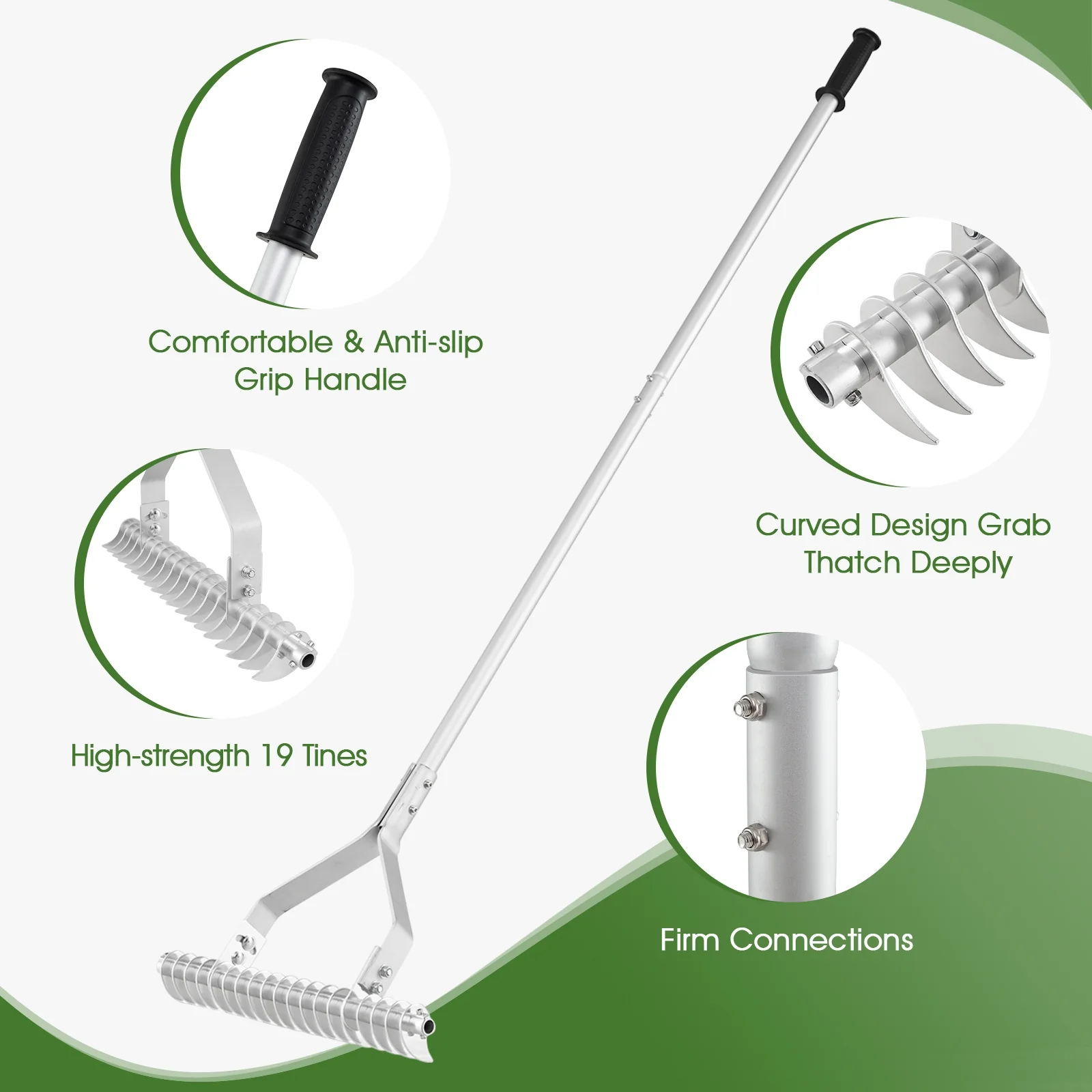 20 Inches Wide Aluminum Lawn Rake, 19 Curved Tines, Long Handle - Image 10