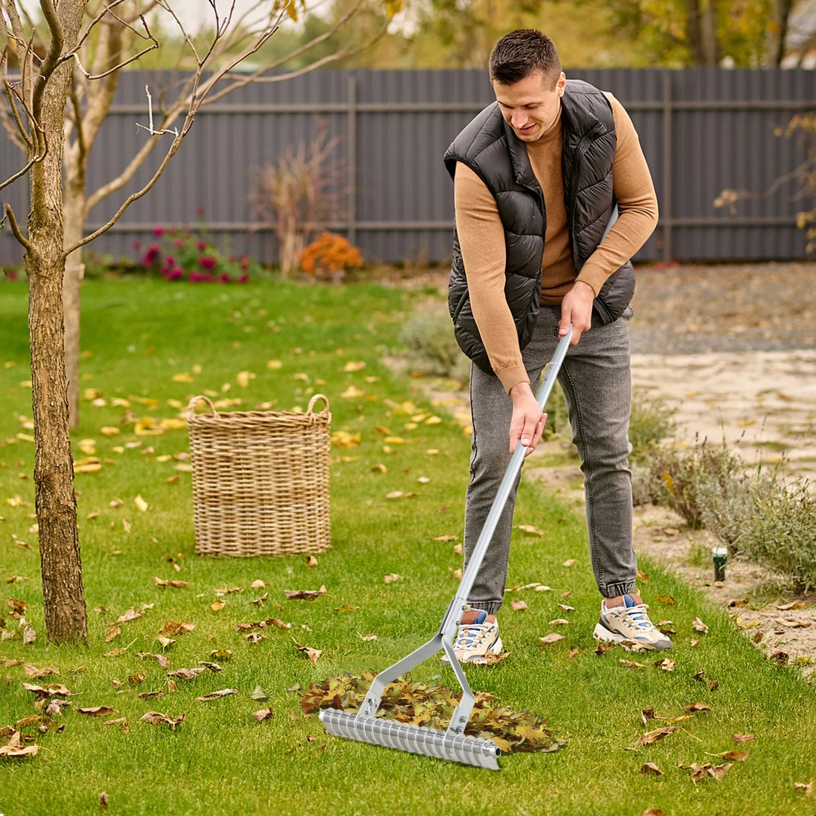 20 Inches Wide Aluminum Lawn Rake, 19 Curved Tines, Long Handle - Image 3