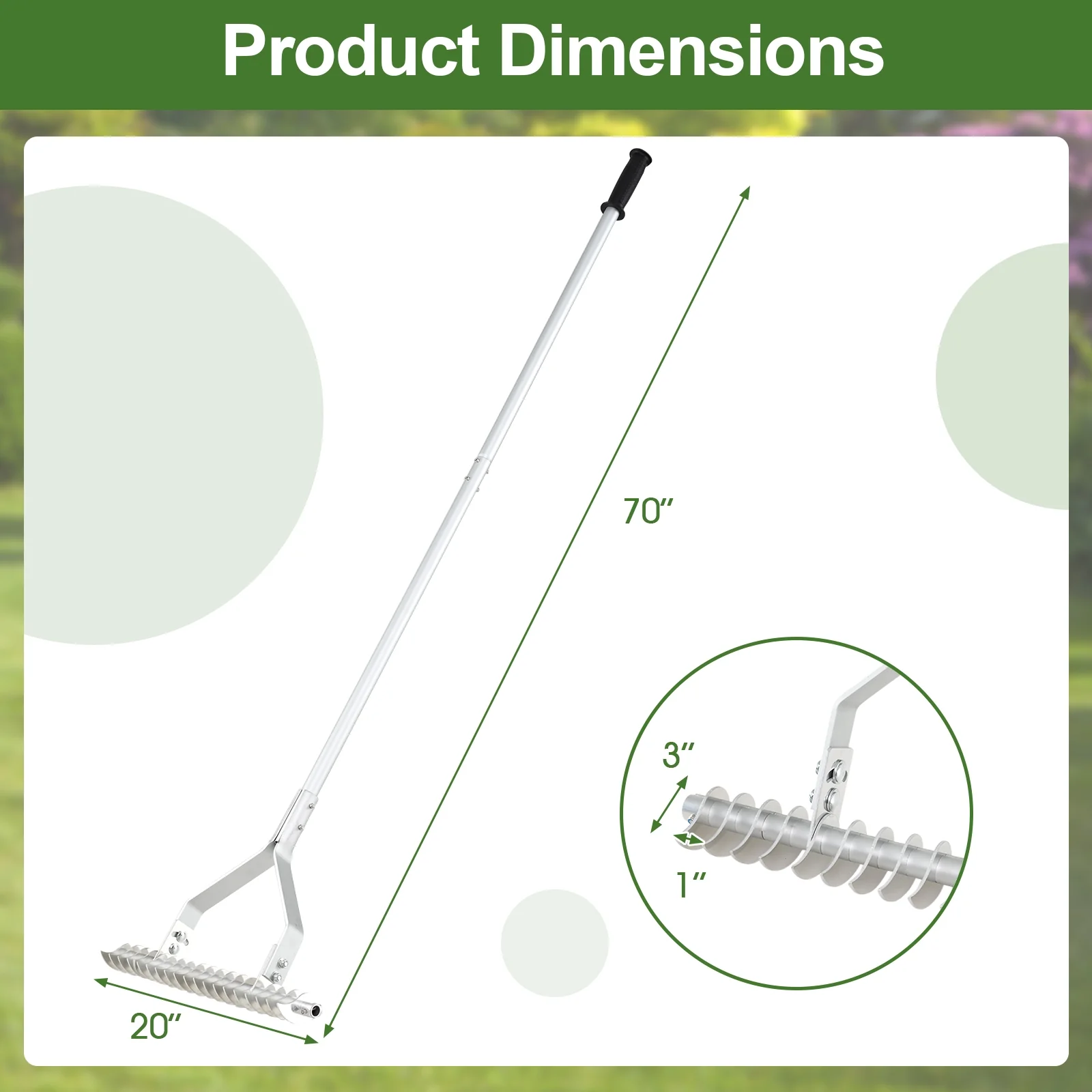20 Inches Wide Aluminum Lawn Rake, 19 Curved Tines, Long Handle - Image 5
