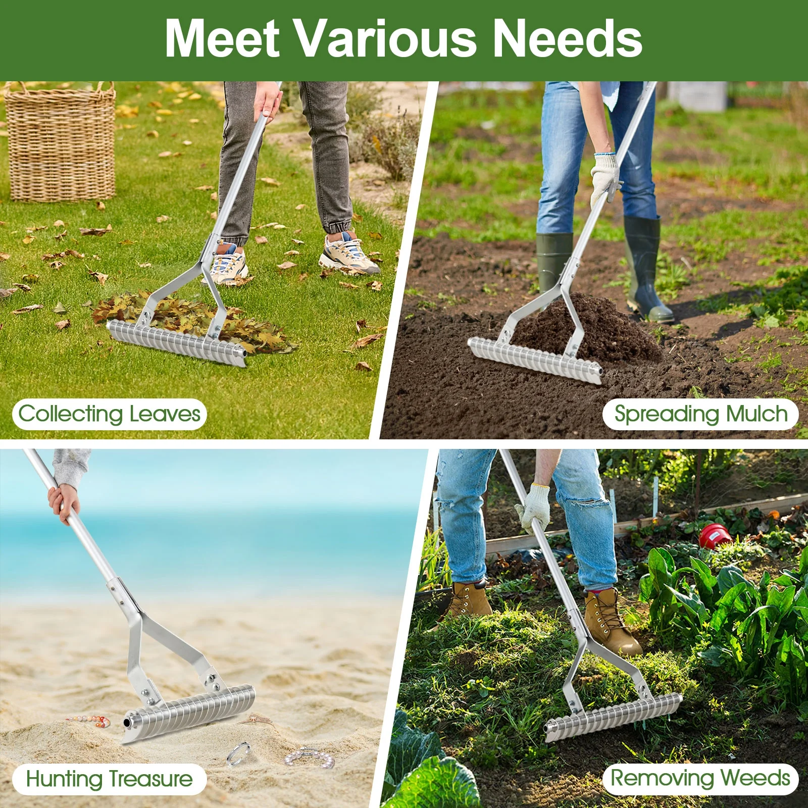 20 Inches Wide Aluminum Lawn Rake, 19 Curved Tines, Long Handle - Image 7