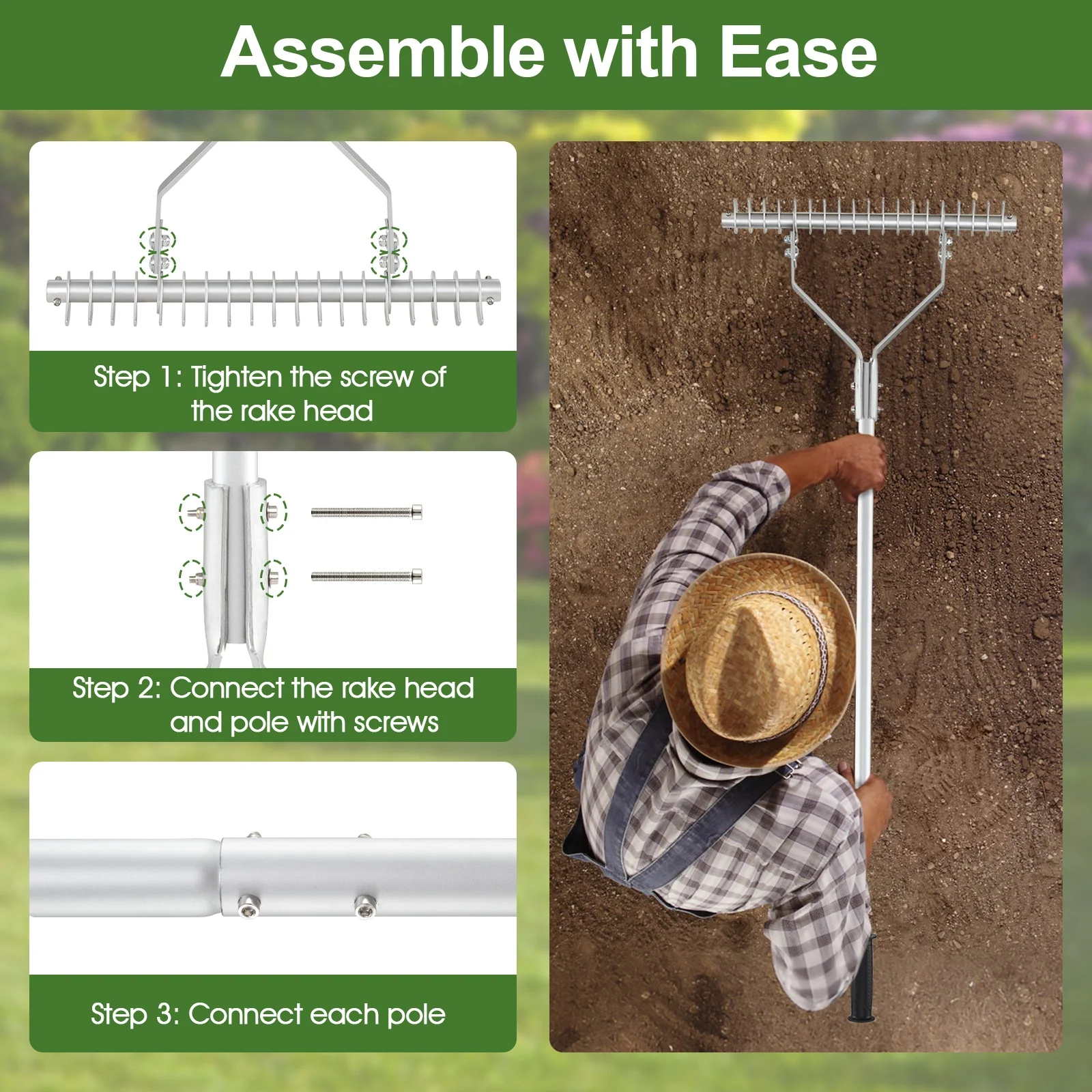 20 Inches Wide Aluminum Lawn Rake, 19 Curved Tines, Long Handle - Image 9