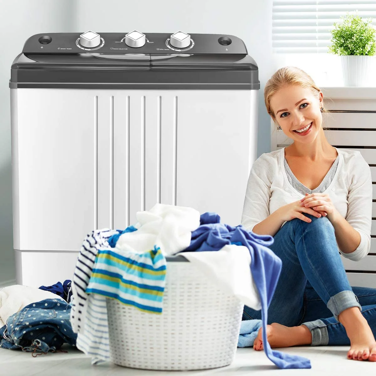 20 lbs Portable Semi-Automatic Twin-Tub Washing Machine, Gray - Image 2
