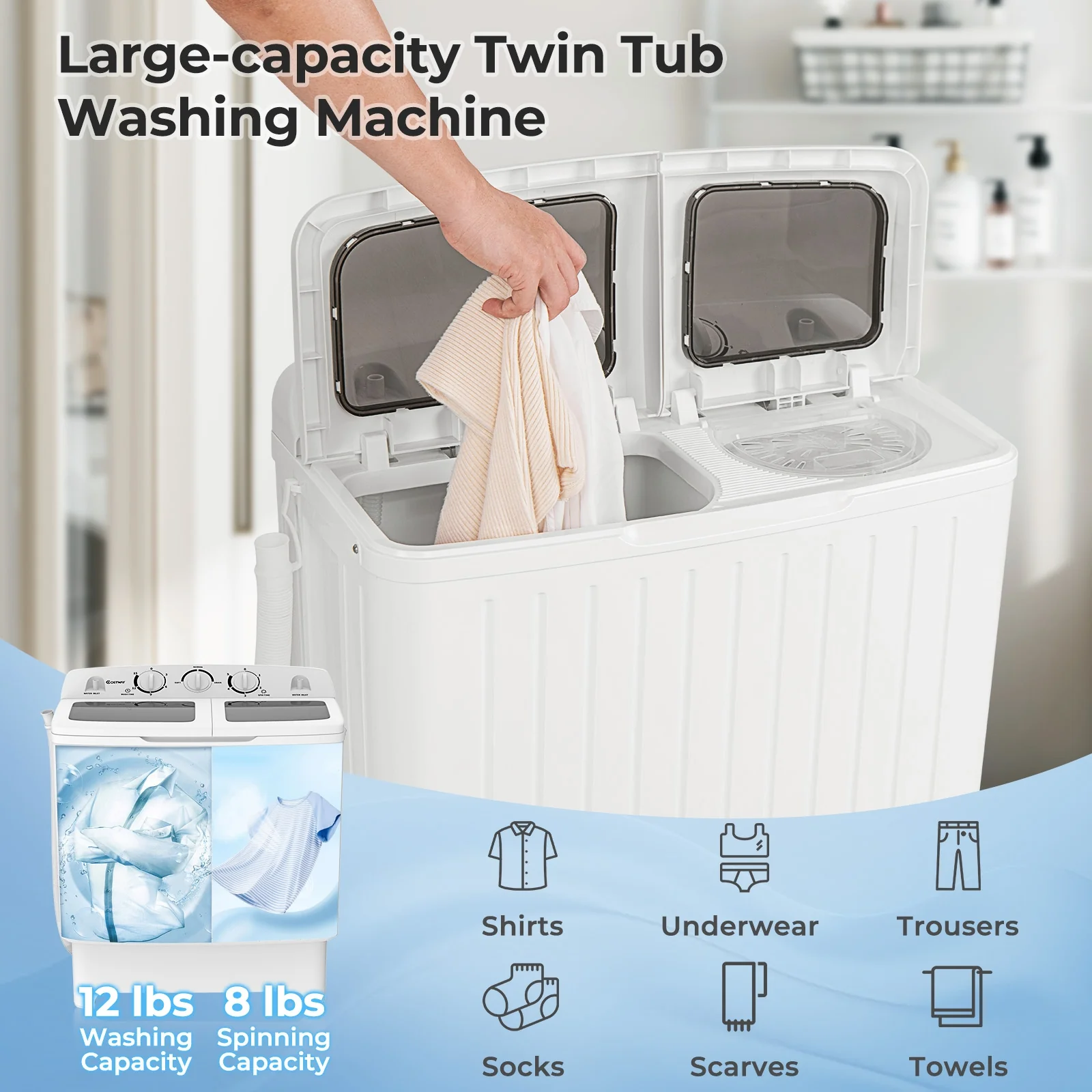 20 Lbs Portable Washing Machine, Built-In Gravity Drain, Gray - Image 8