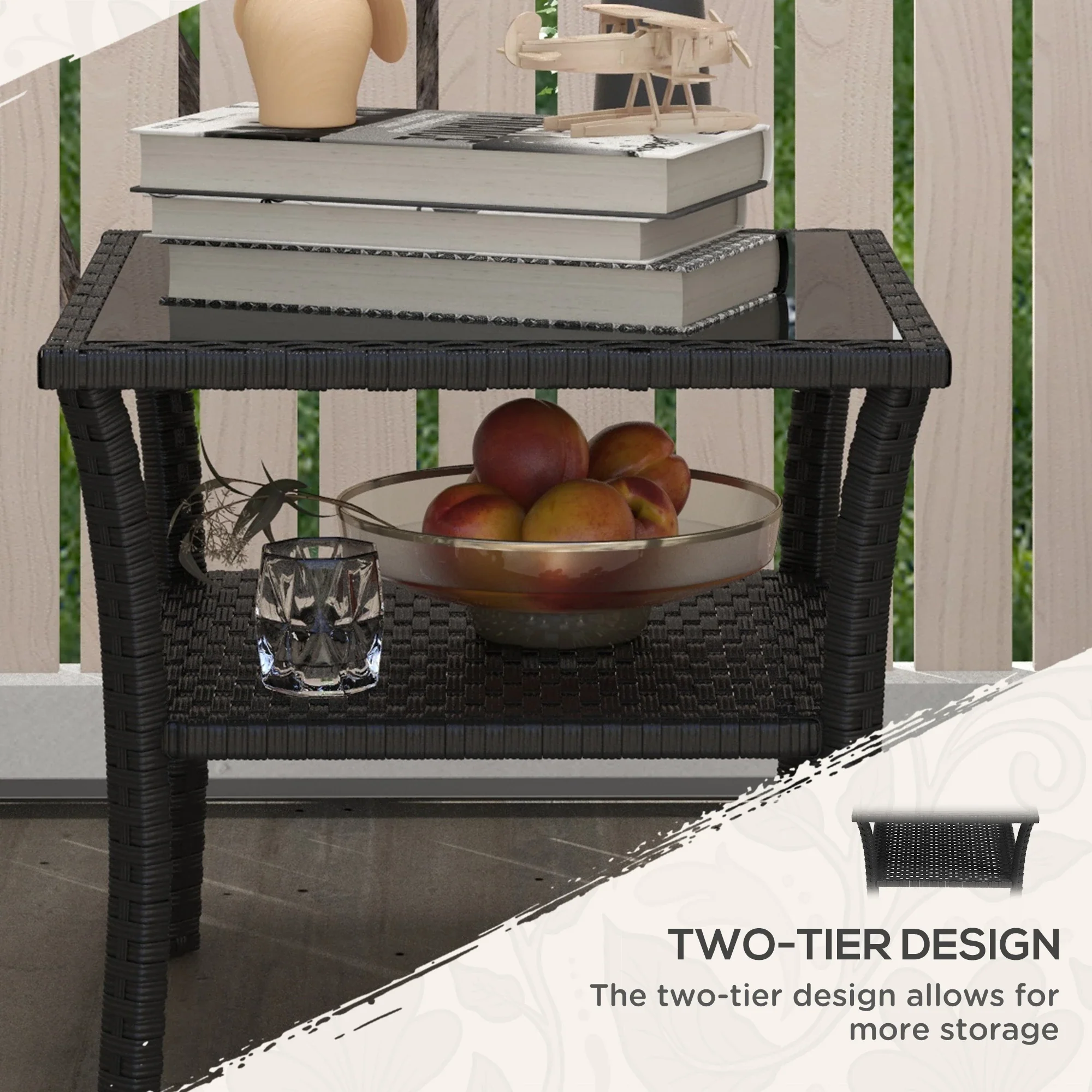 20" Patio Wicker Coffee Table, Outdoor PE Rattan Side Table, Black - Image 5
