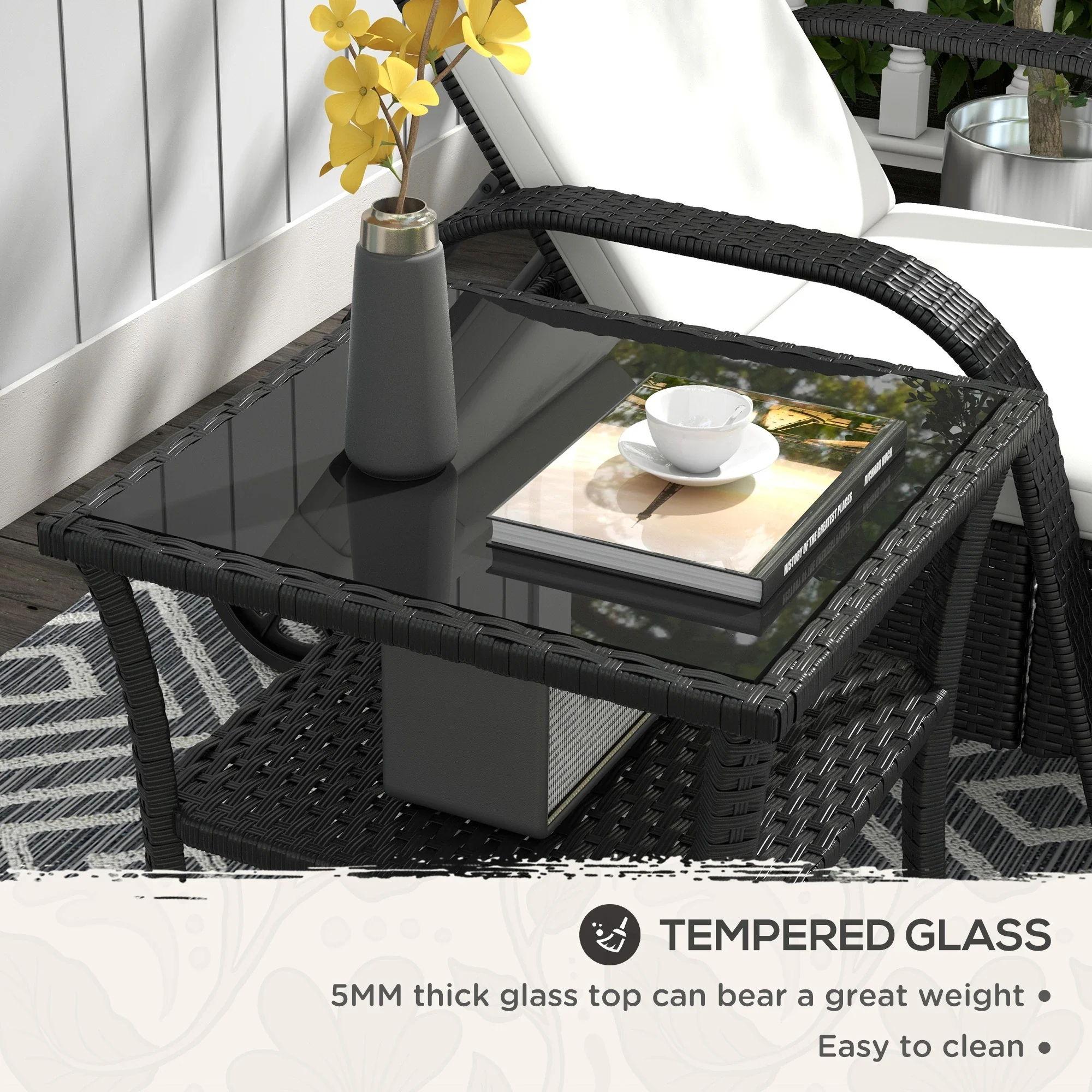 20" Patio Wicker Coffee Table, Outdoor PE Rattan Side Table, Black - Image 6