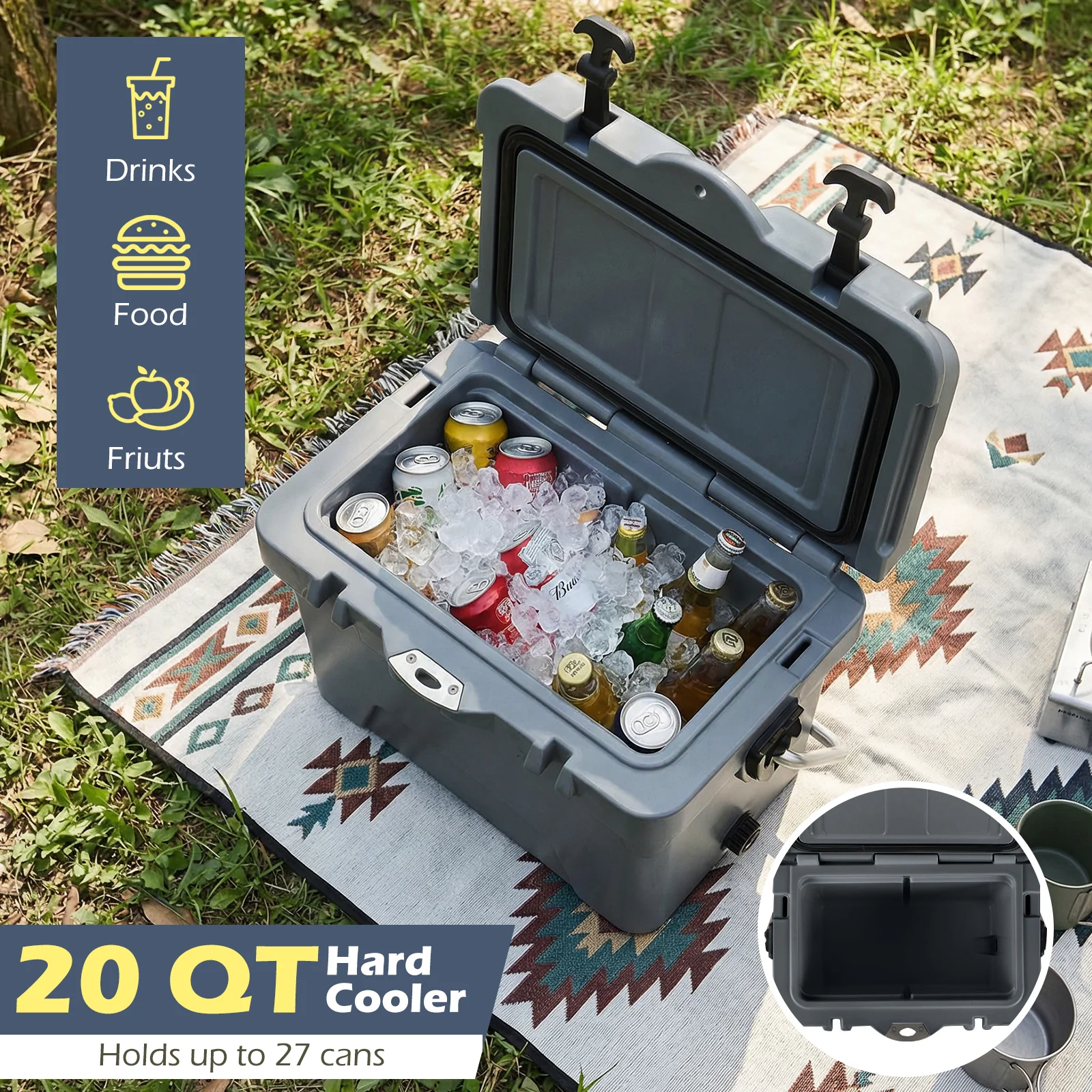 20 Quart Portable Hard Cooler, Built-In Ruler And Bottle, Gray - Image 8