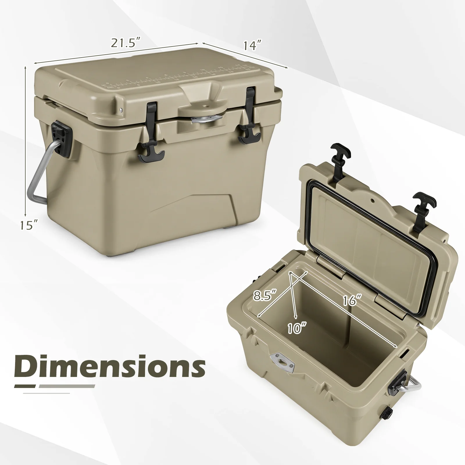 20 Quart Portable Hard Cooler, Built-In Ruler And Bottle, Khaki - Image 5