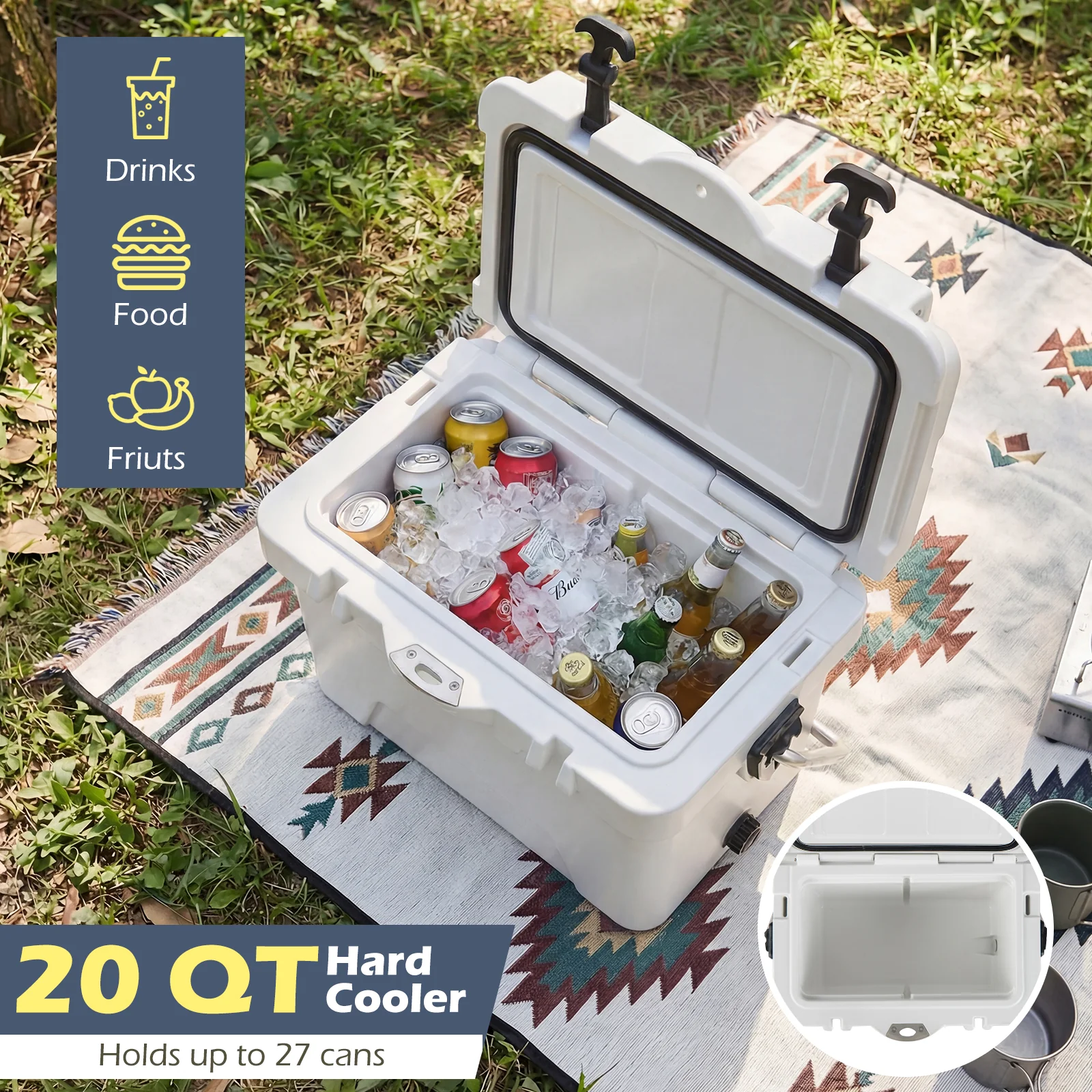 20 Quart Portable Hard Cooler, Built-In Ruler And Bottle, White - Image 6